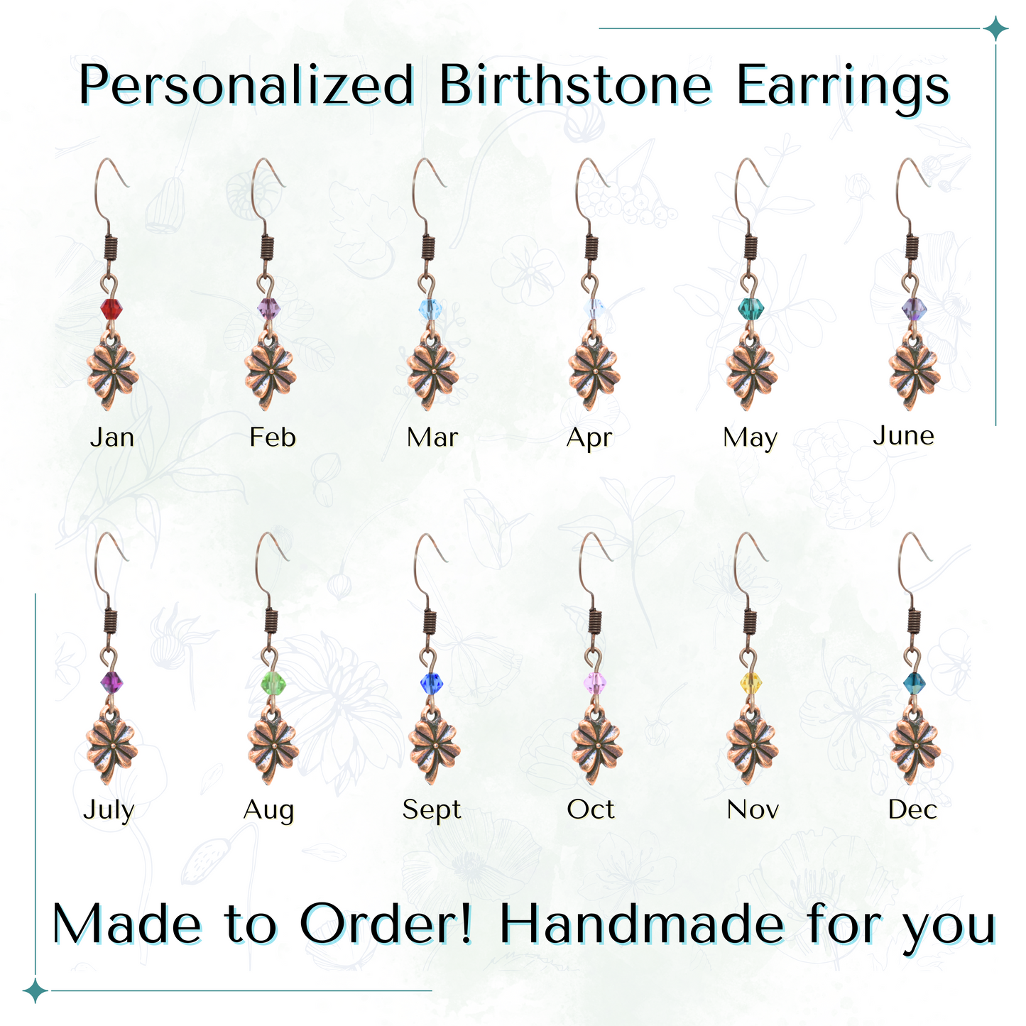 Custom birthstone earrings with text 'Custom Birthstone Antique Copper Crystal Four Leaf Clover Earrings Made to Order'.