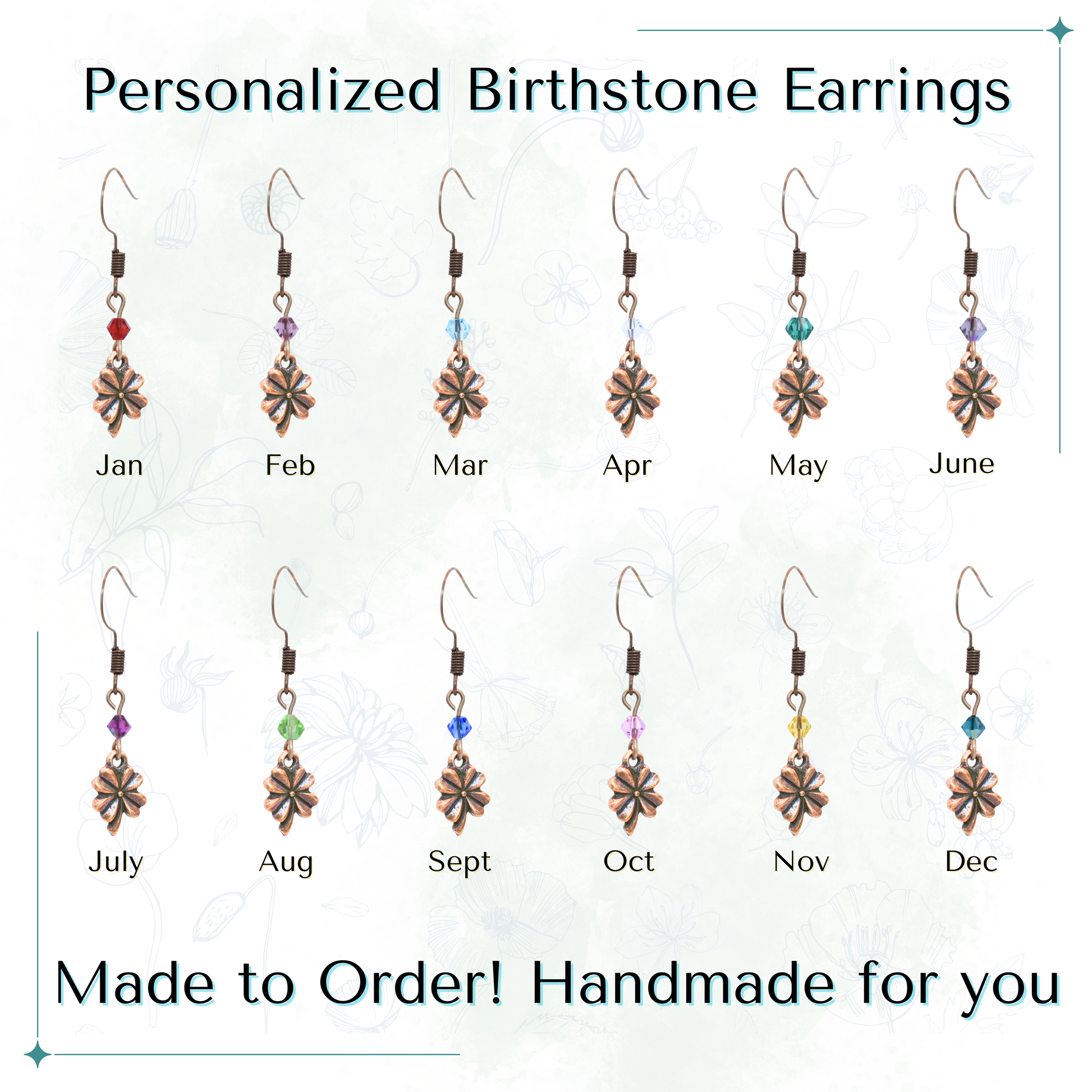 Custom birthstone earrings with text 'Custom Birthstone Antique Copper Crystal Four Leaf Clover Earrings Made to Order'.