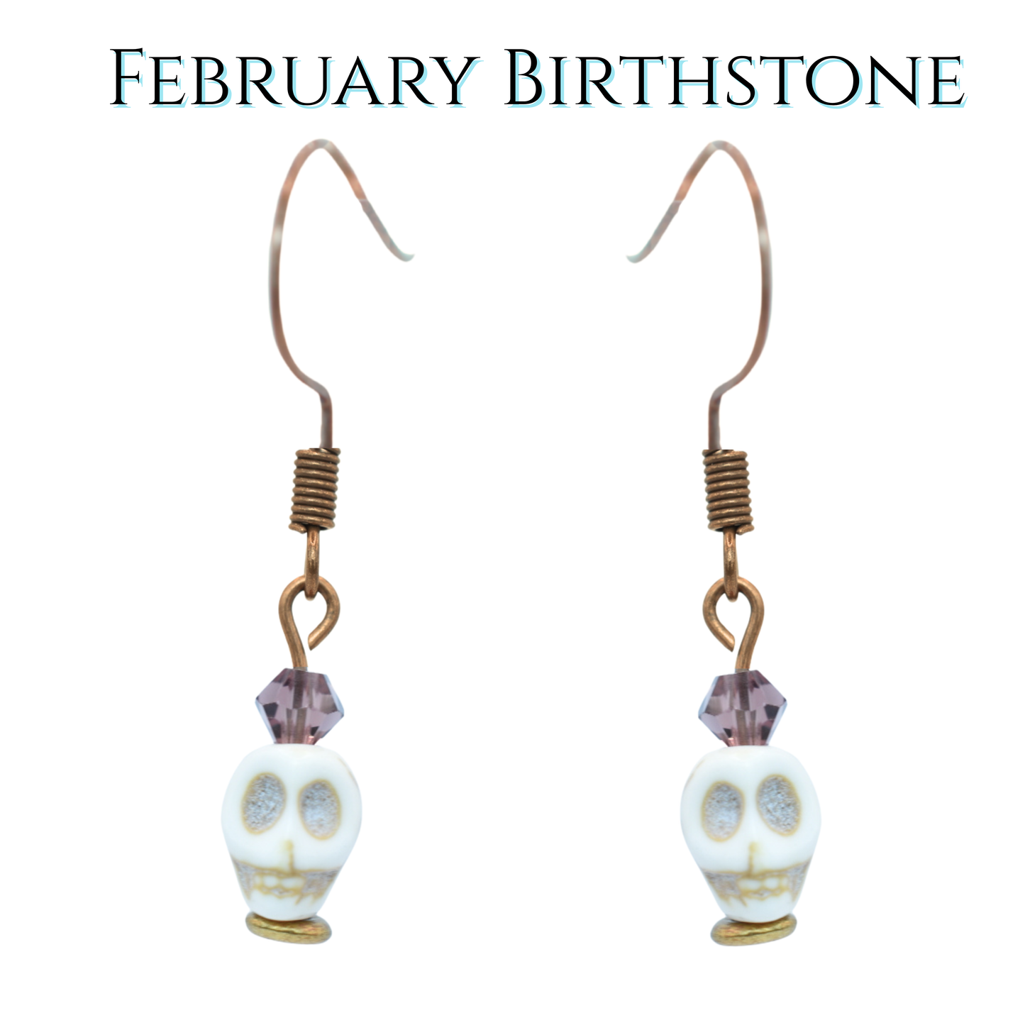 Skull-shaped earrings with purple crystal beads on a white background, labeled 'February Birthstone'.