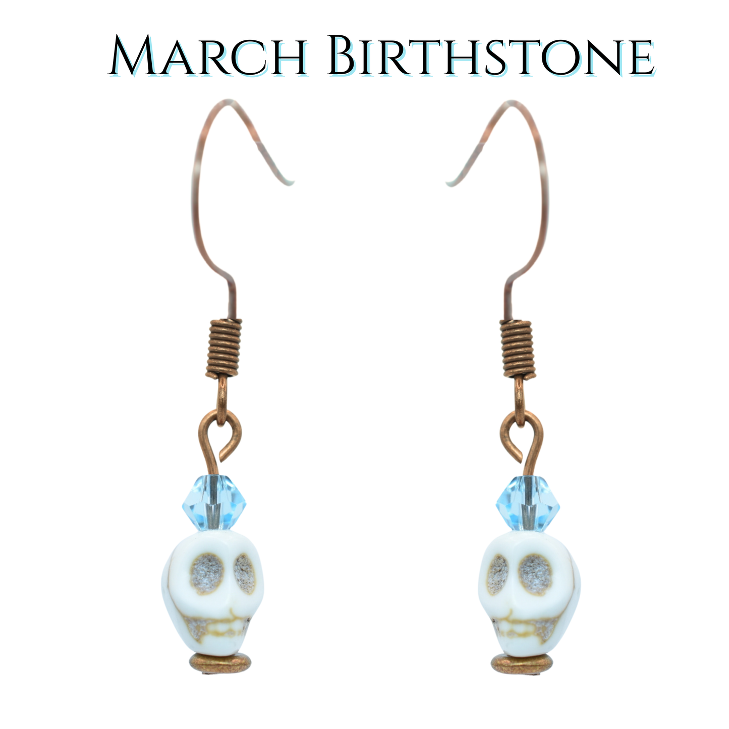 Skull-shaped earrings with light blue beads on a white background, labeled 'March Birthstone'.