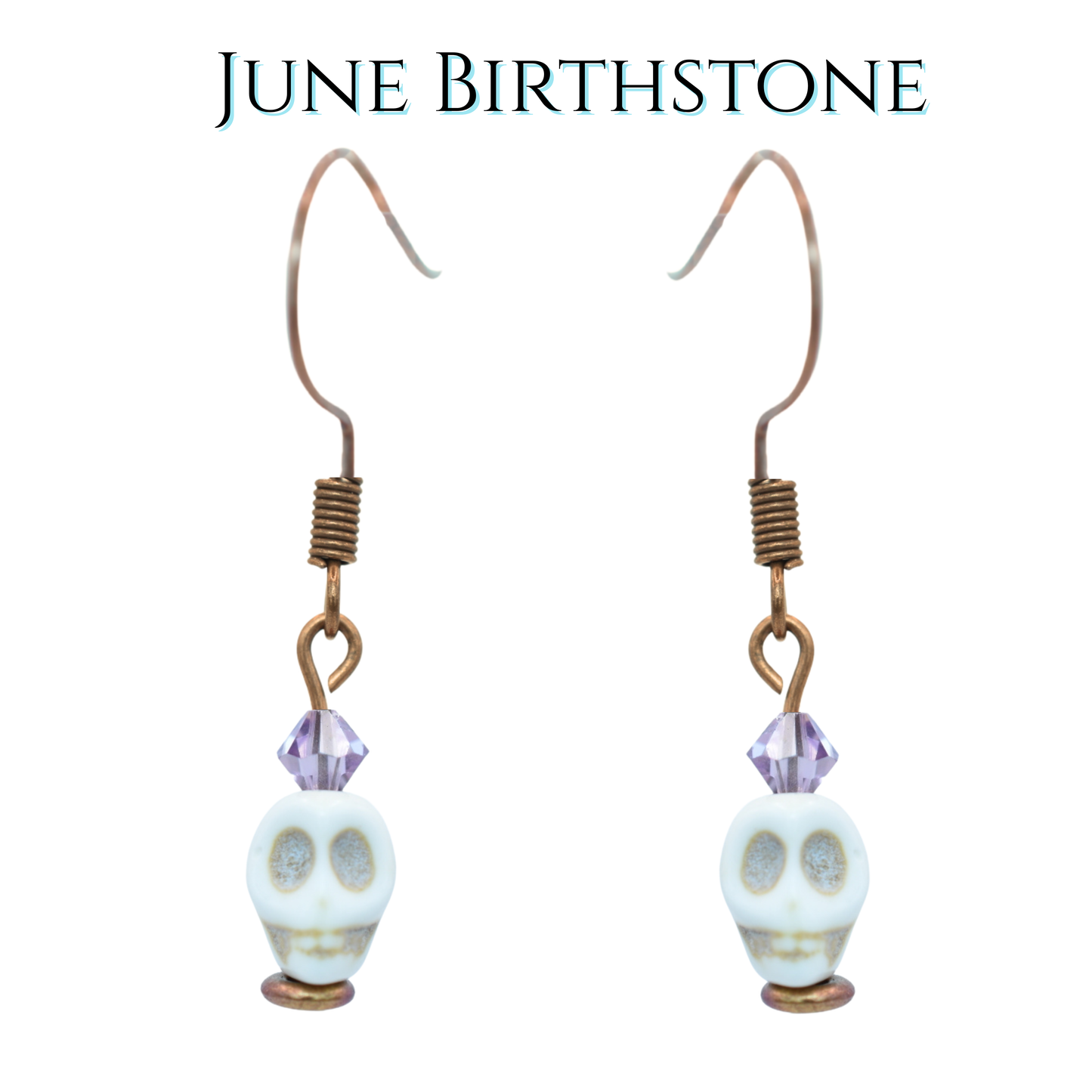 Earrings with white skull and light purple crystals beads on a white background, labeled 'June Birthstone'.