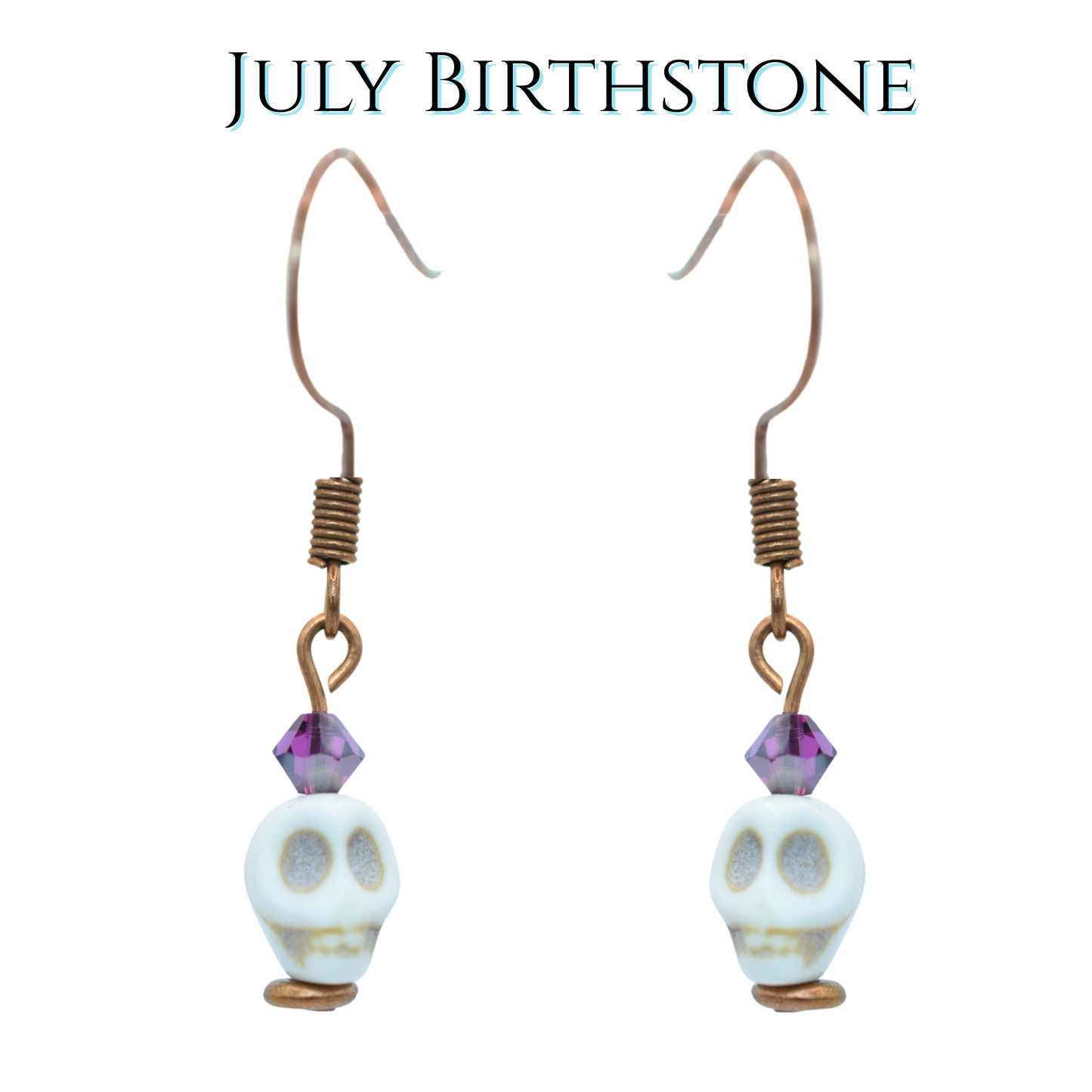 Skull-shaped earrings with purple beads on a white background, labeled 'July Birthstone'.