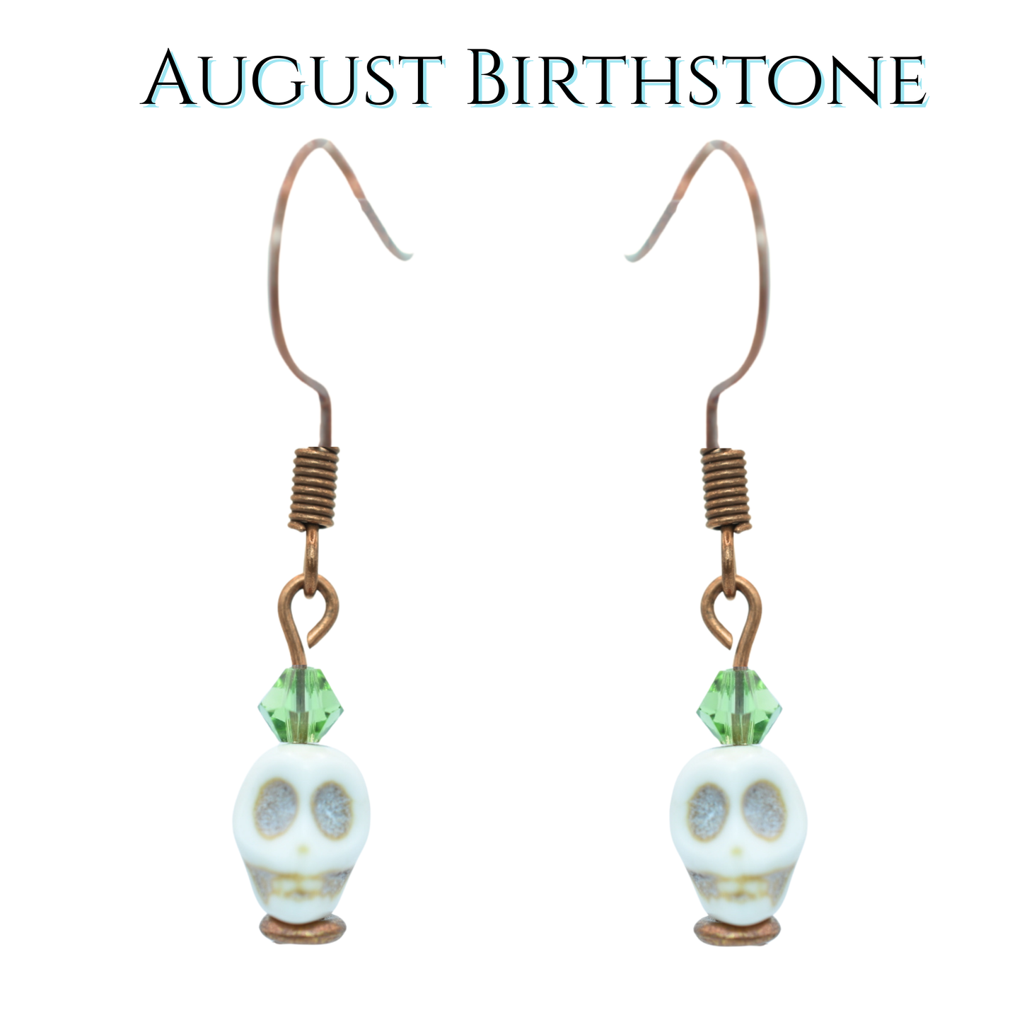 Skull-shaped earrings with green crystal beads on a white background, labeled 'August Birthstone'.