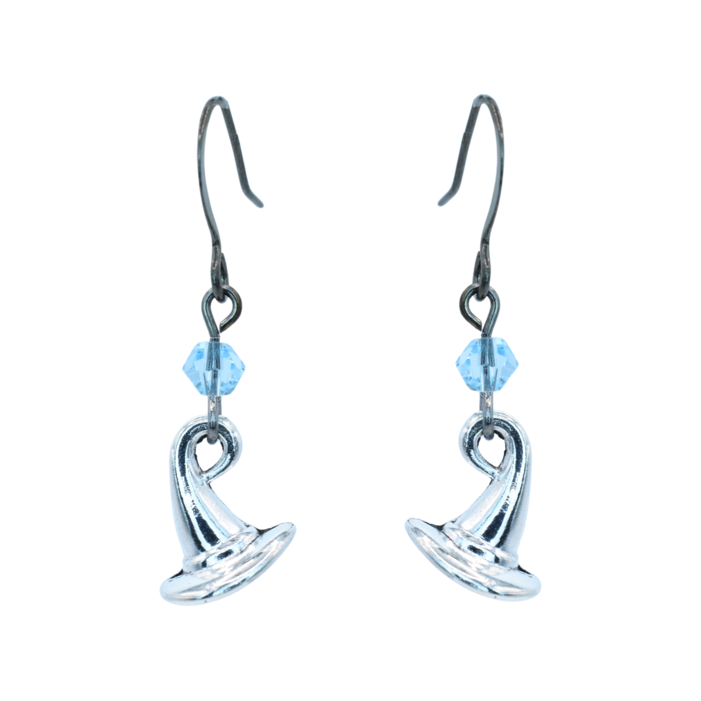 Silver witch hat-shaped earrings with blue crystal beads on a white background
