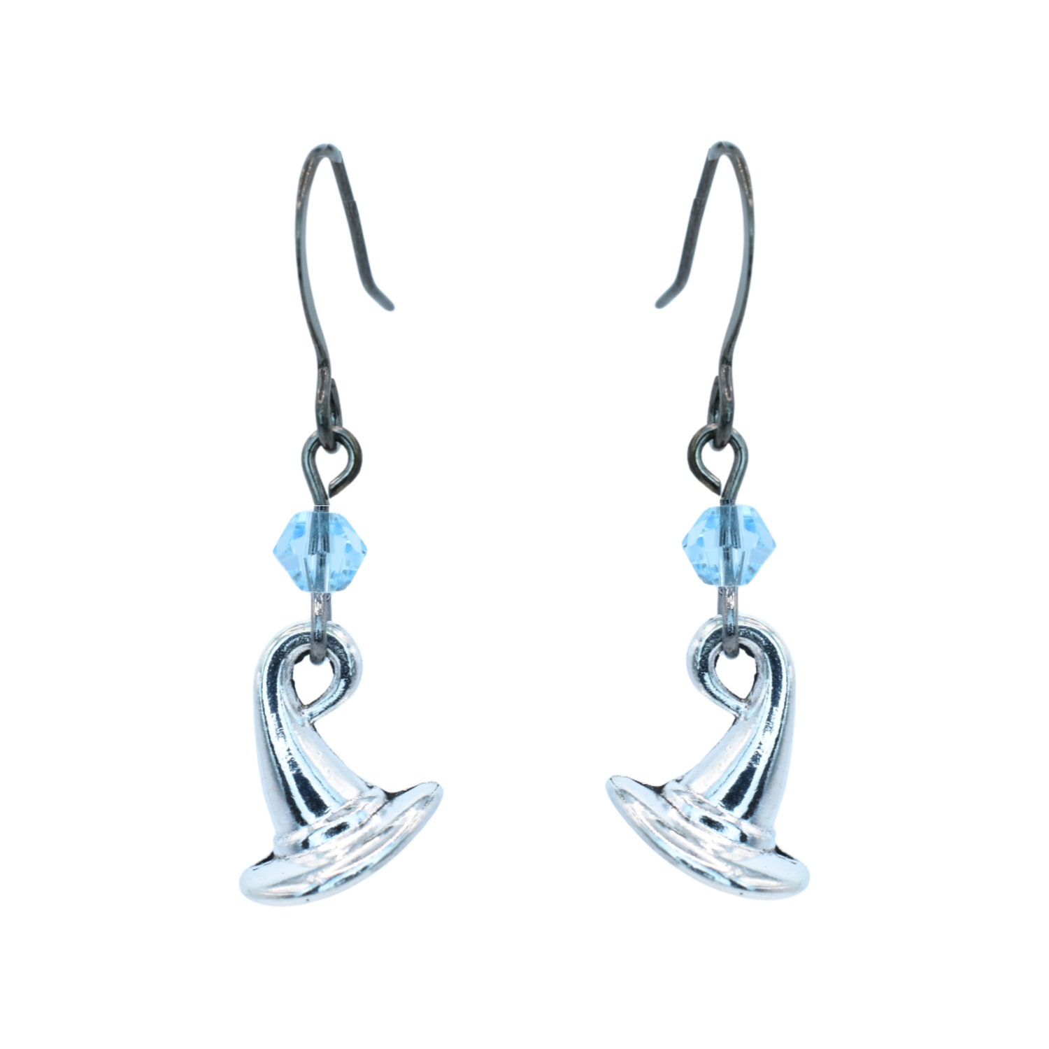 Silver witch hat-shaped earrings with blue crystal beads on a white background