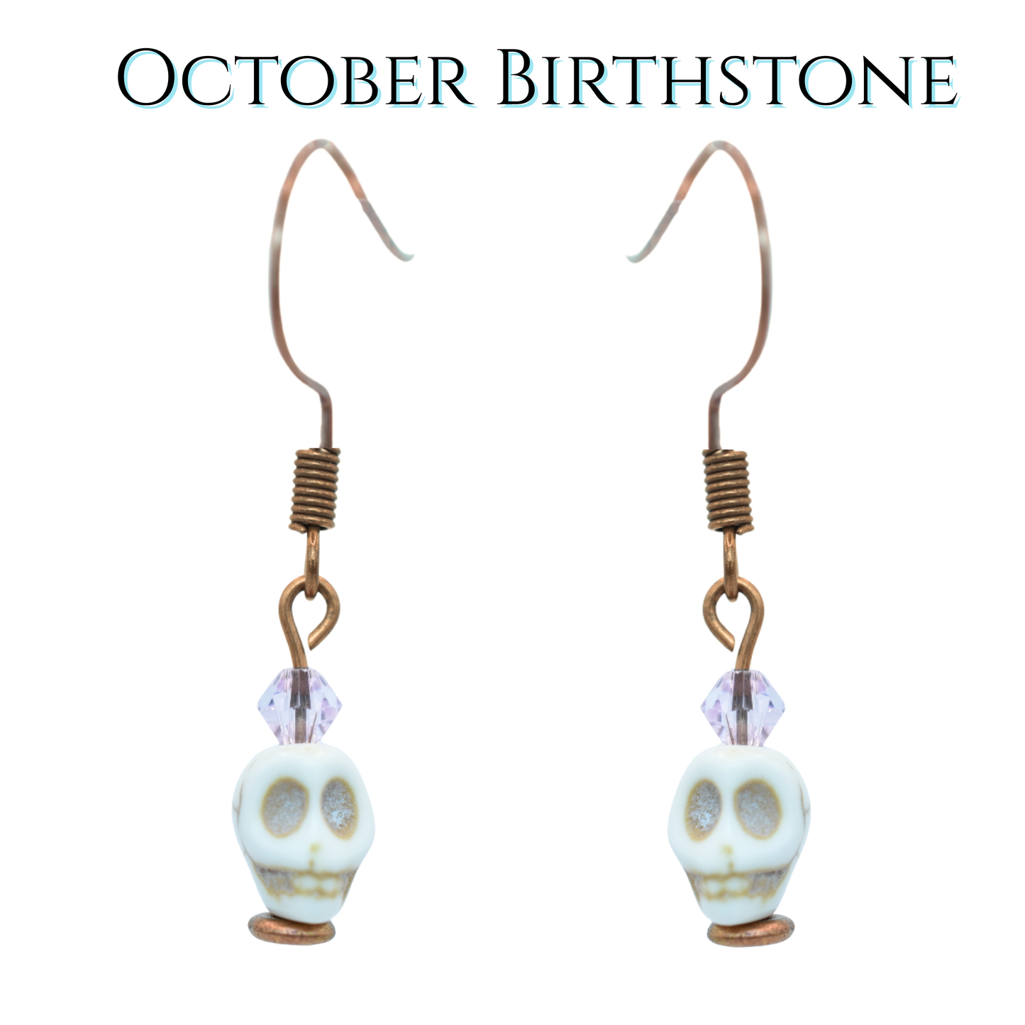 Skull-shaped earrings with a light pink crystal beads on a white background, labeled 'October Birthstone'.