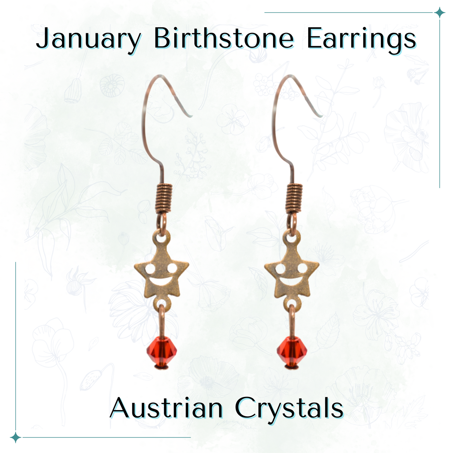 Star-shaped earrings with red crystal beads labeled 'January Birthstone Earrings' and 'Austrian Crystals' on a white background.