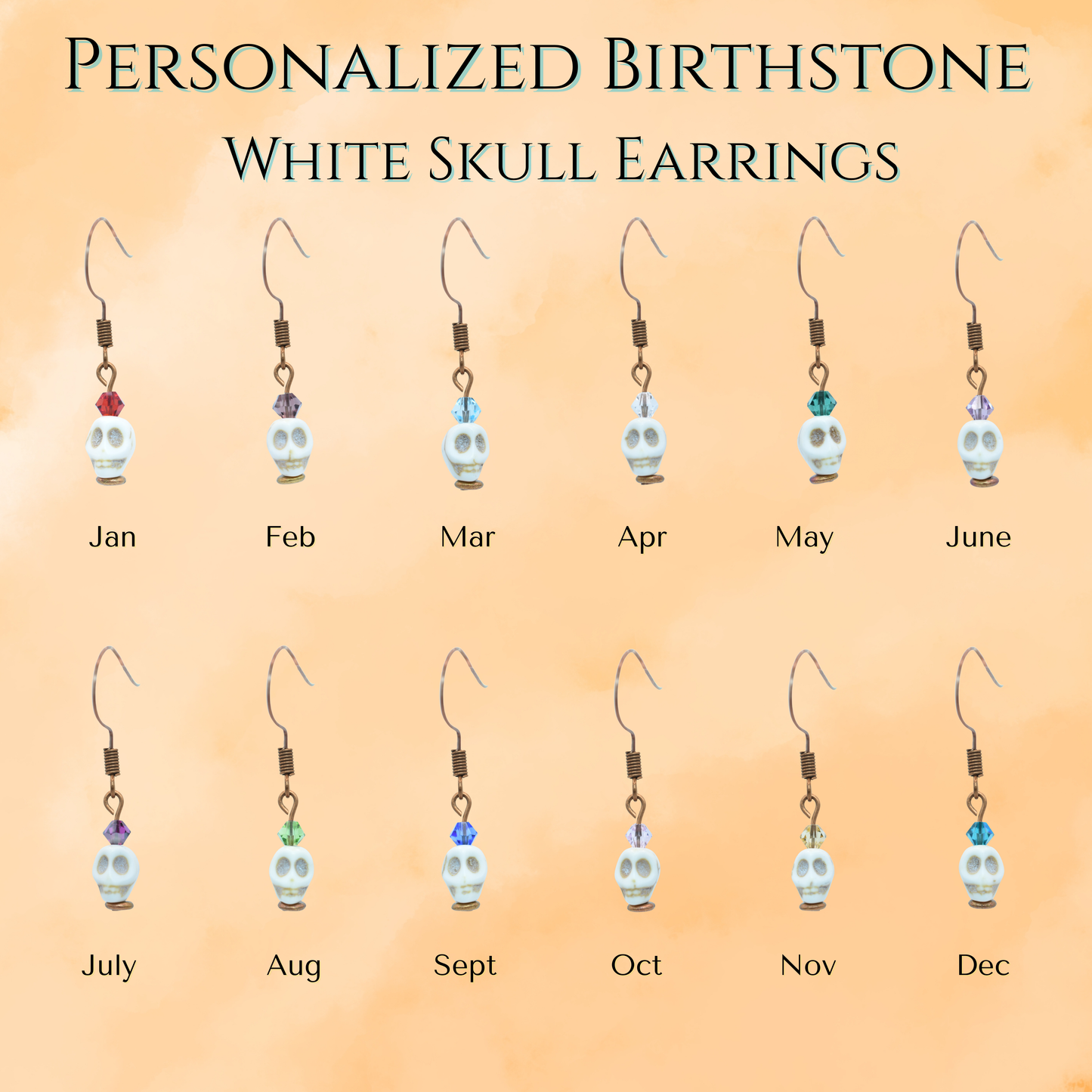 Set of personalized birthstone white skull and crystal bead earrings on a gradient background