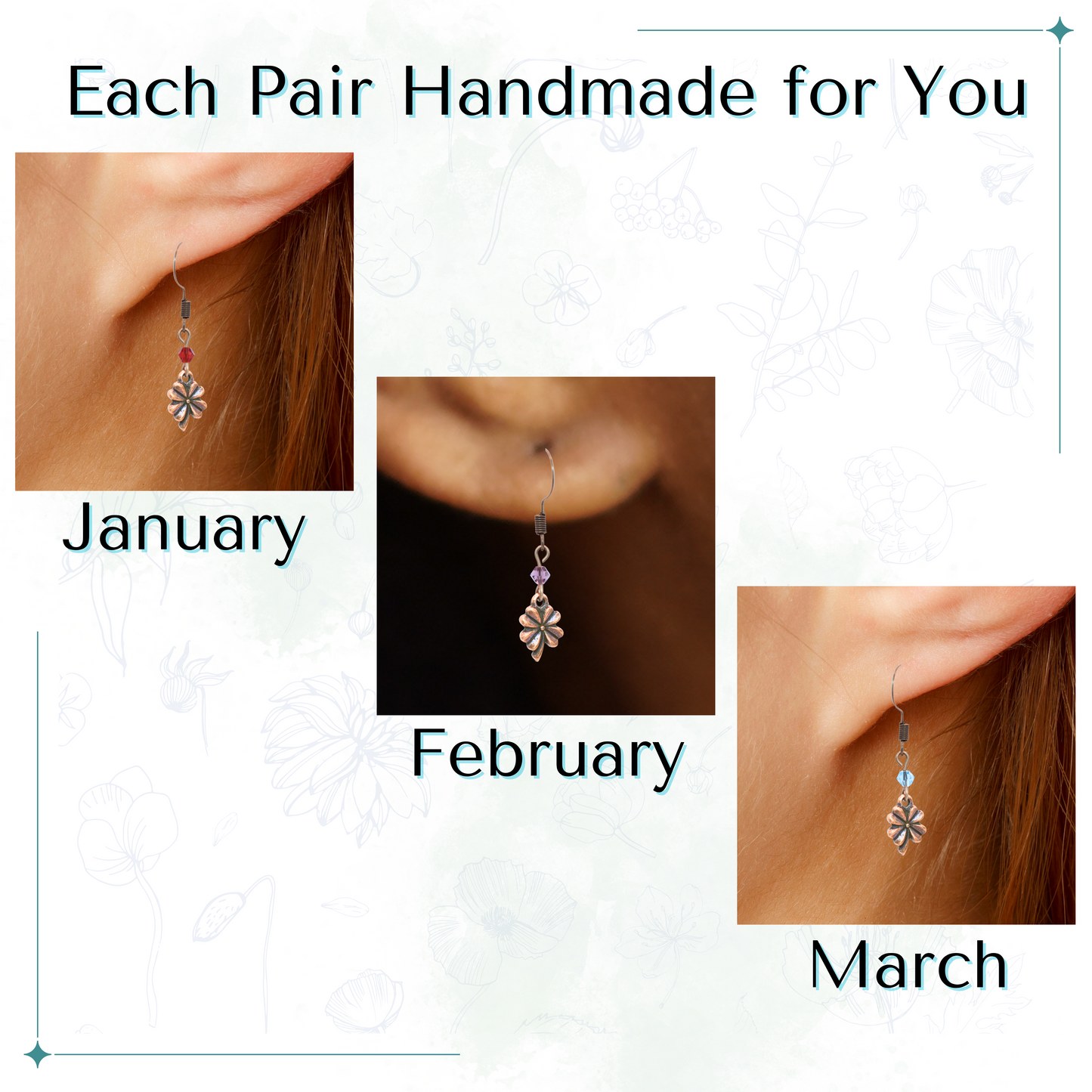 Custom birthstone earring worn on an ear with text 'Custom Birthstone Antique Copper Crystal Four Leaf Clover Earrings Made to Order'.