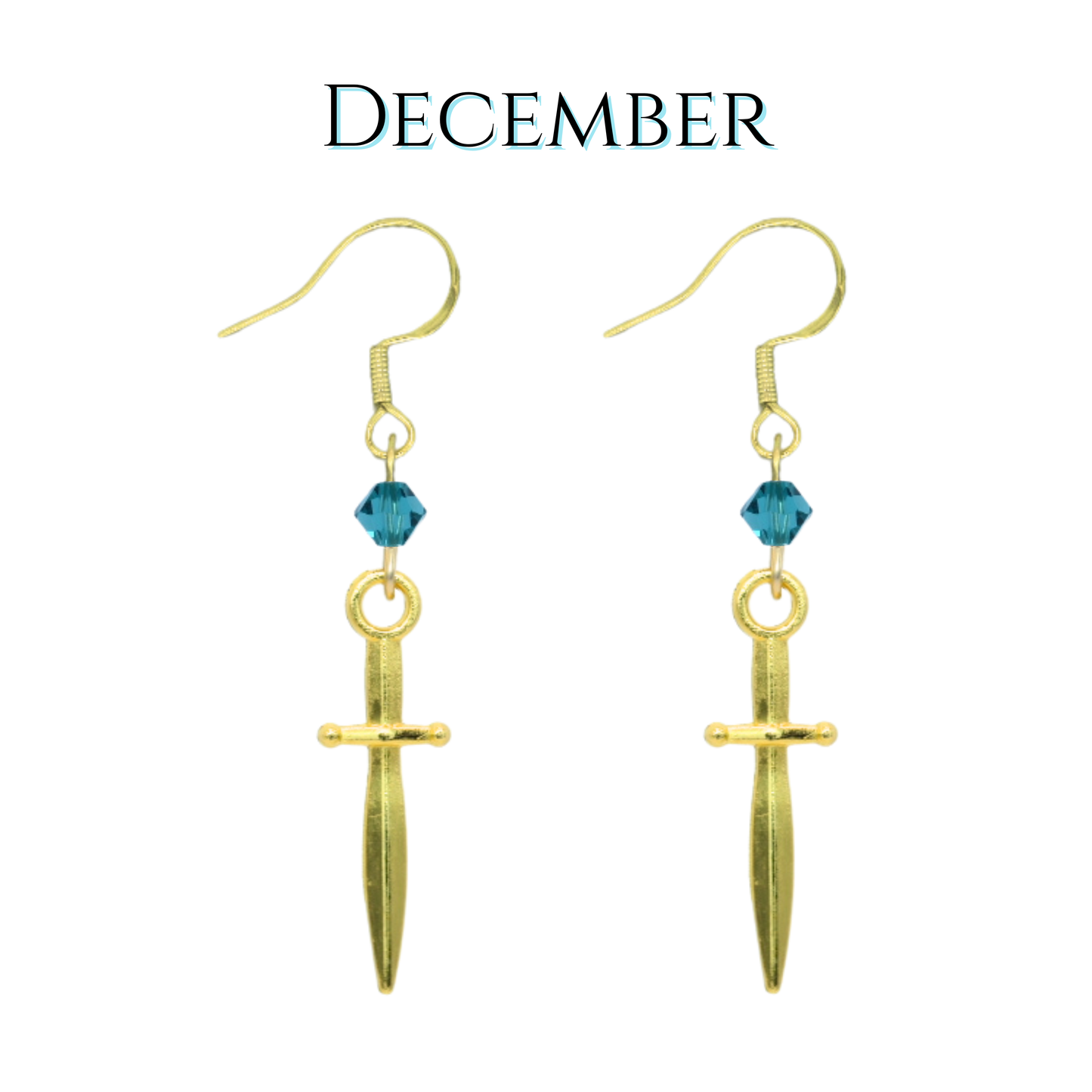 Gold dagger earrings with blue teal crystal beads on a white background, labeled 'December'.