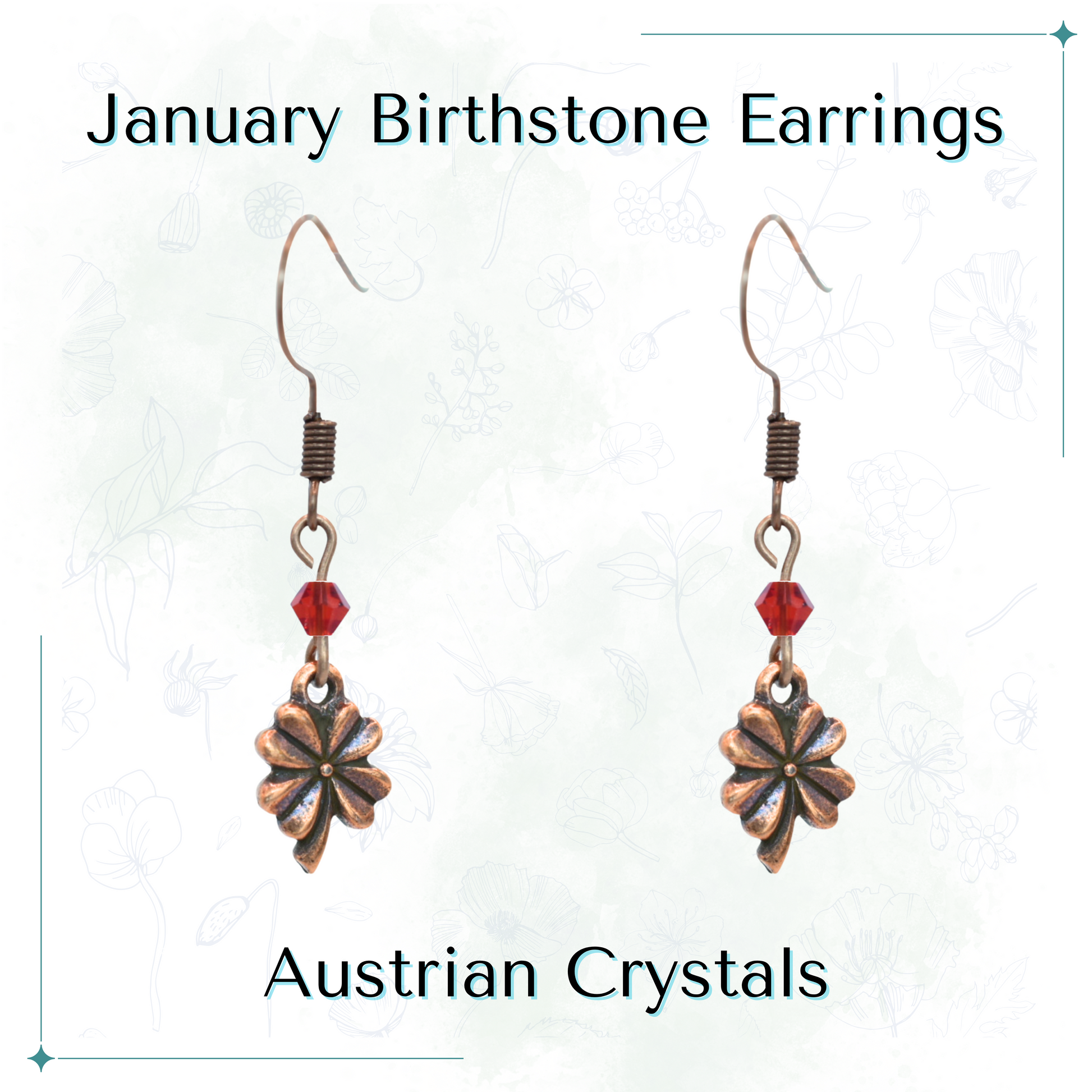 Antique copper earrings with red Austrian crystals and a Four Leaf Clover charm on a white background, labeled 'January Birthstone