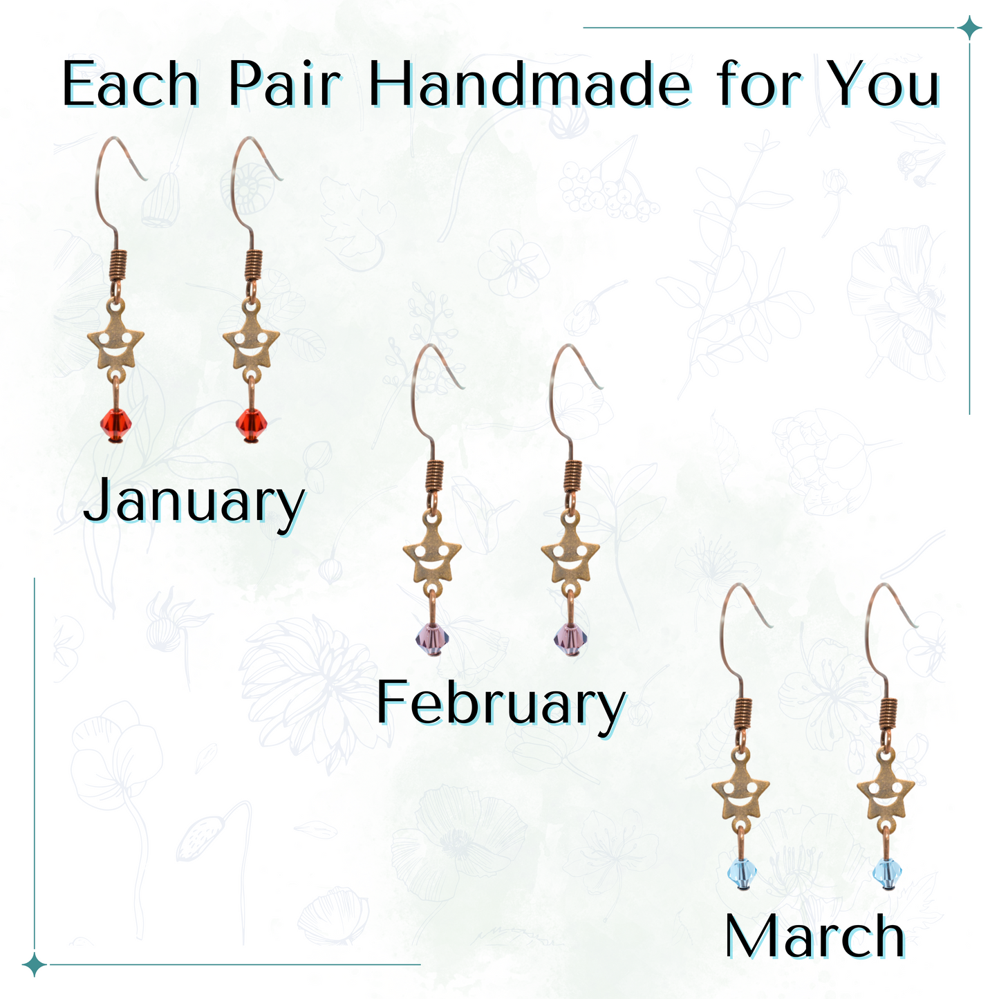 Star-shaped earrings with crystal beads for January, February, and March on a white background.