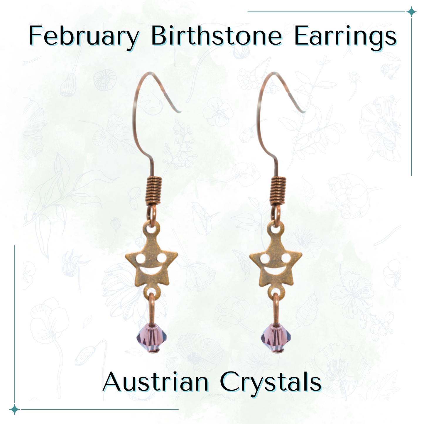 Star-shaped earrings with purple crystal beads labeled 'February Birthstone Earrings' and 'Austrian Crystals' on a white background.