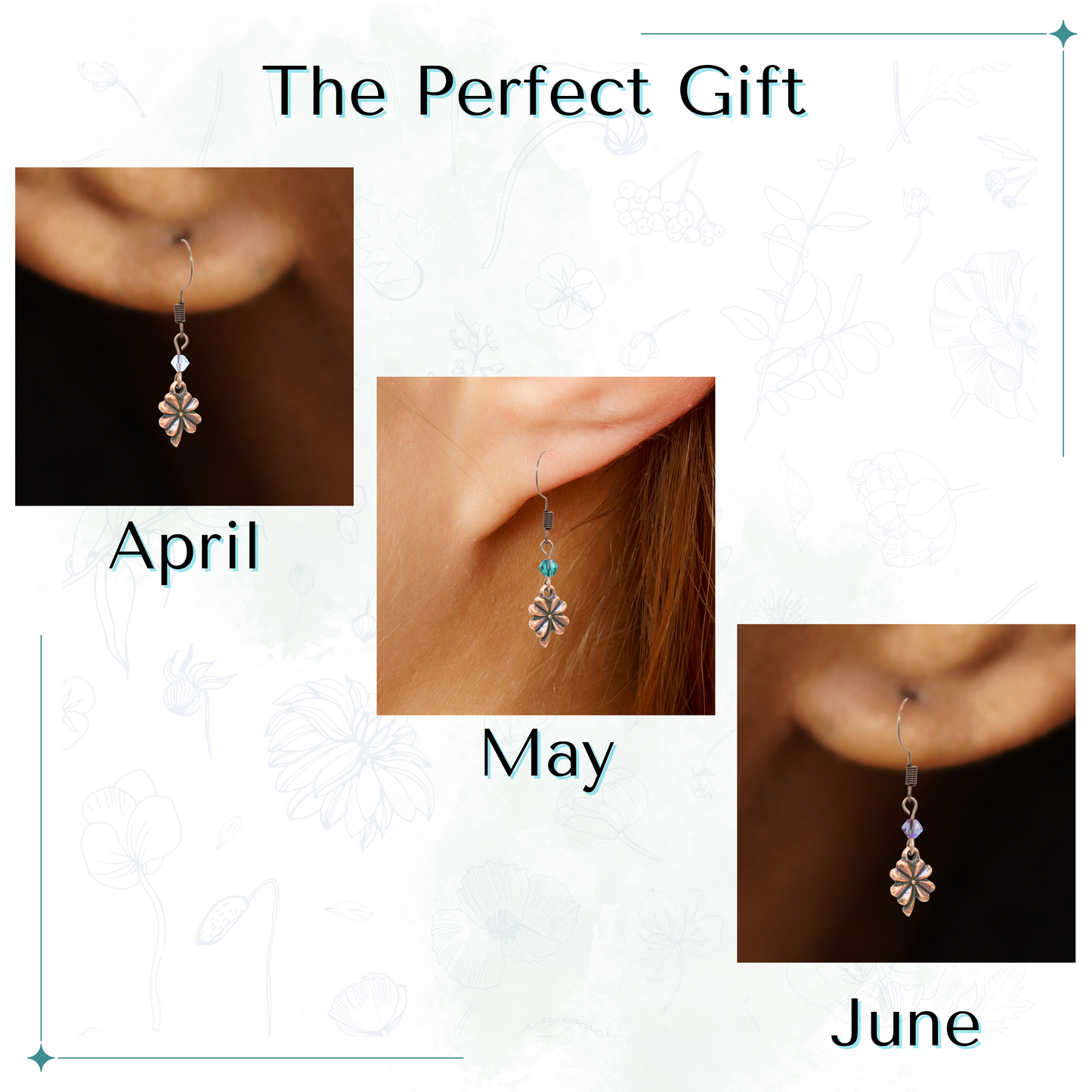 Custom birthstone earring worn on an ear with text 'Custom Birthstone Antique Copper Crystal Four Leaf Clover Earrings Made to Order'.