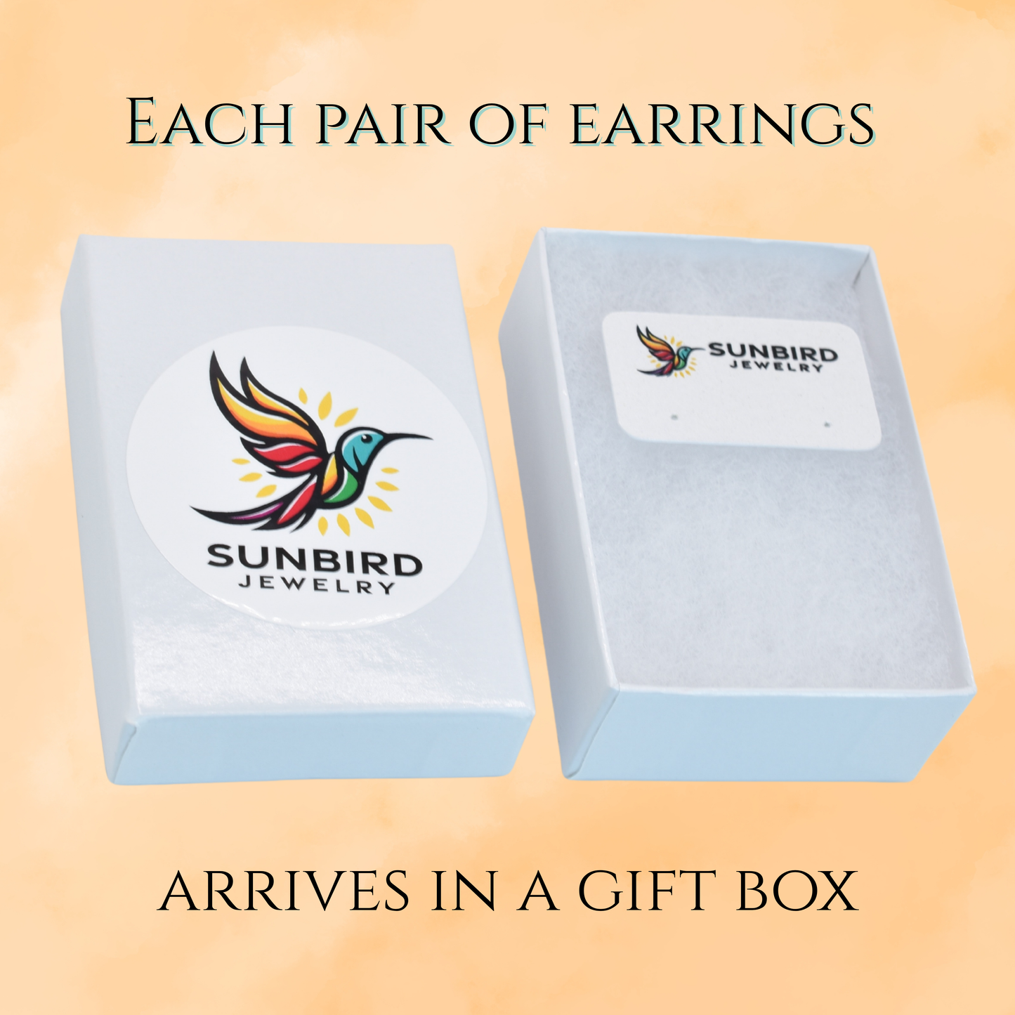 A gift box with Sunbird Jewelry logo on a beige background