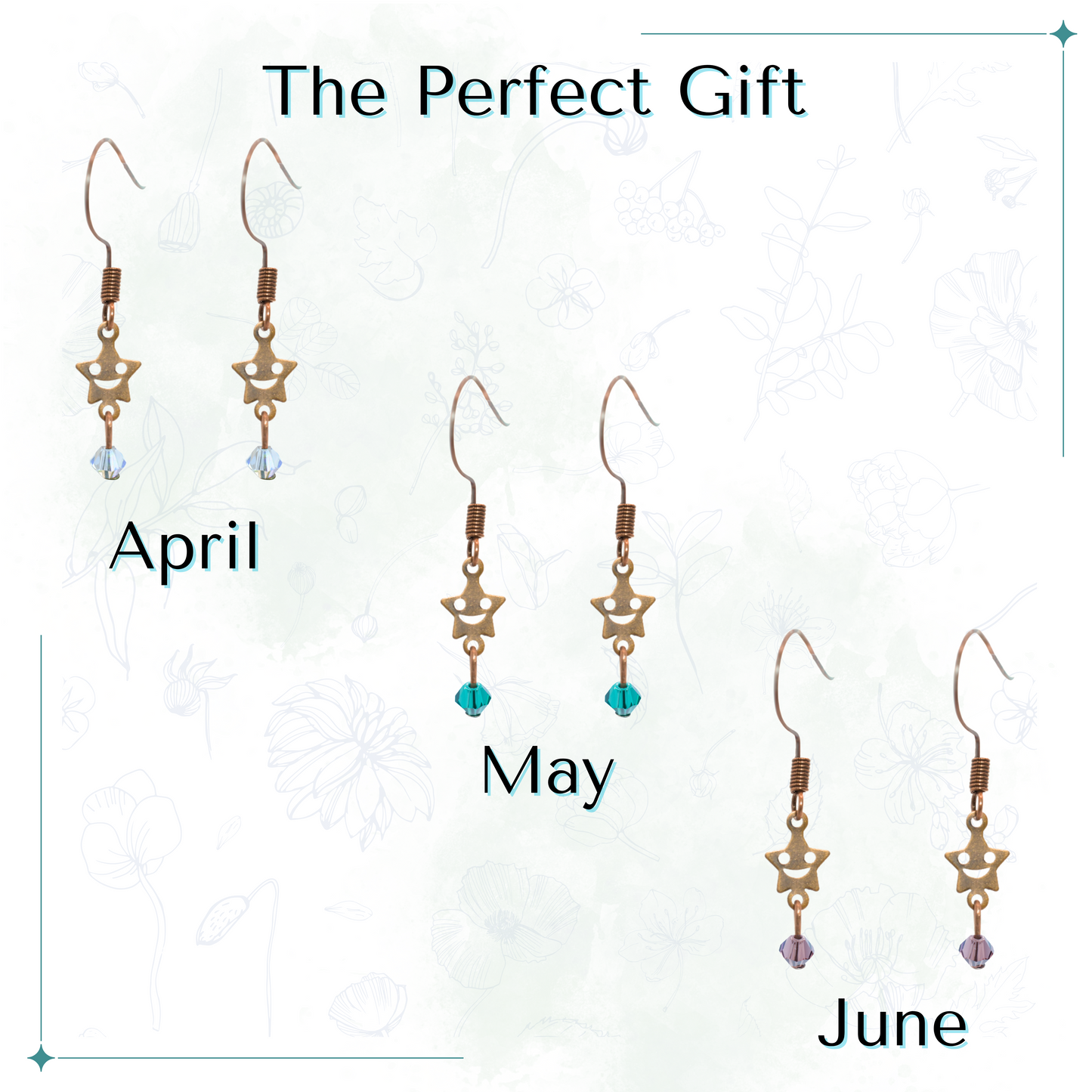 Three pairs of crystal boho earrings labeled 'April', 'May', and 'June' on a white background.