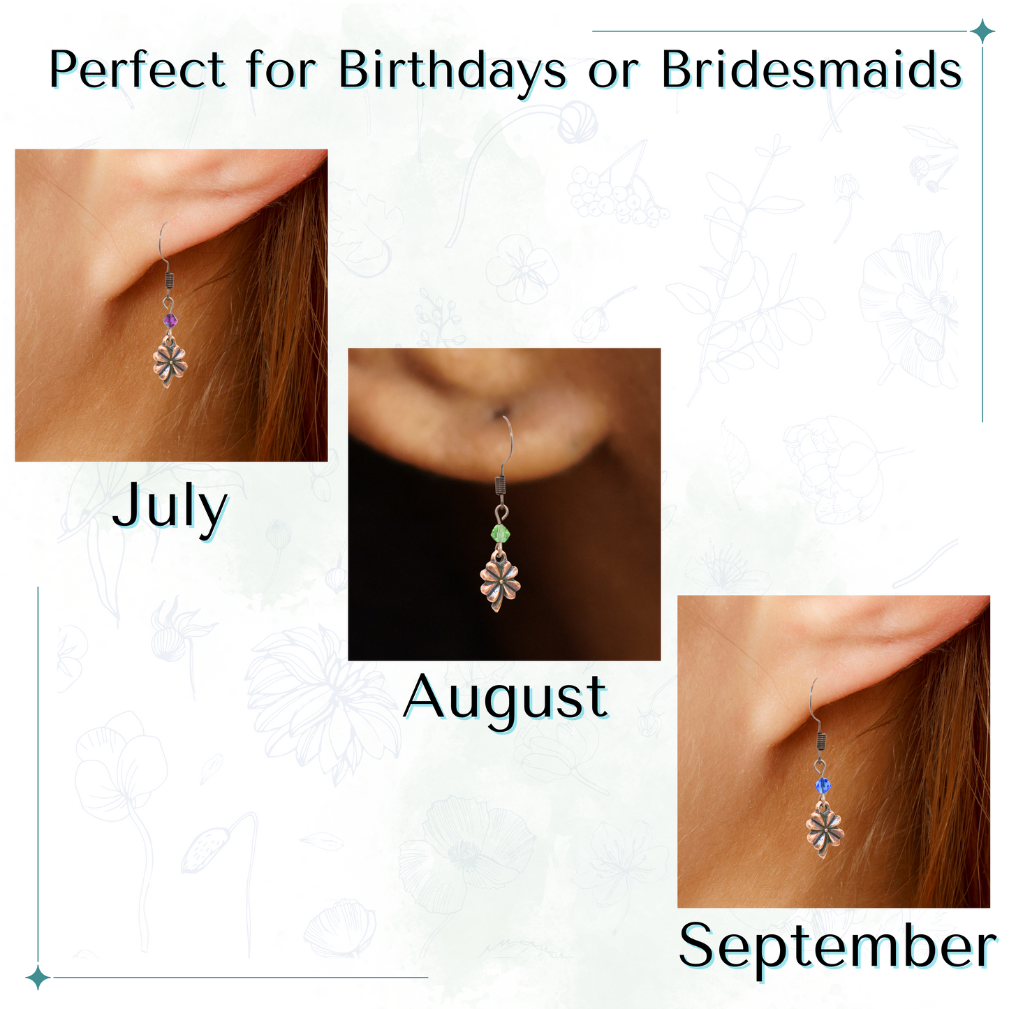 Custom birthstone earring worn on an ear with text 'Custom Birthstone Antique Copper Crystal Four Leaf Clover Earrings Made to Order'.