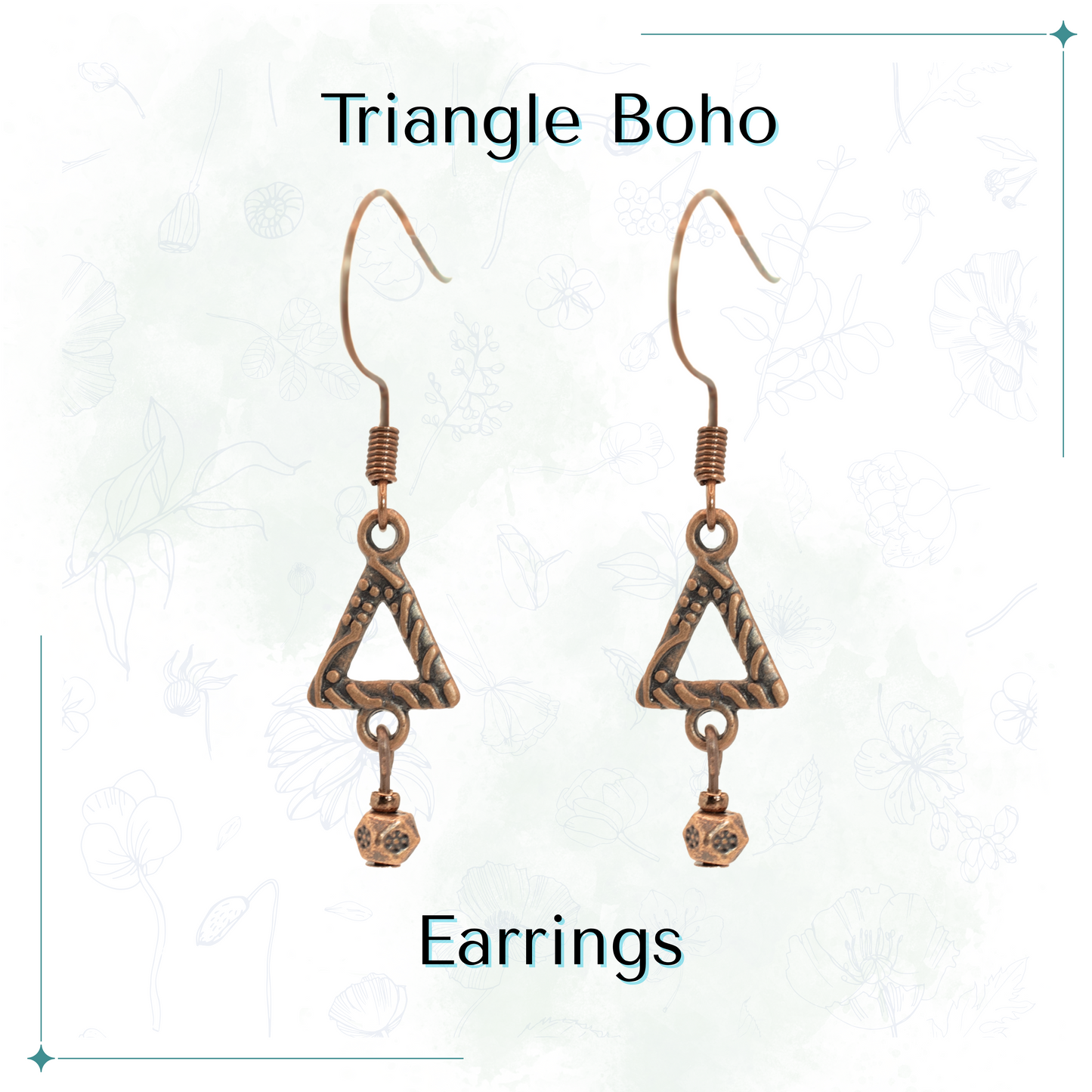 Triangle Boho Antique Copper earrings on a white background with 'Triangle Boho' text above and 'Earrings' text below.