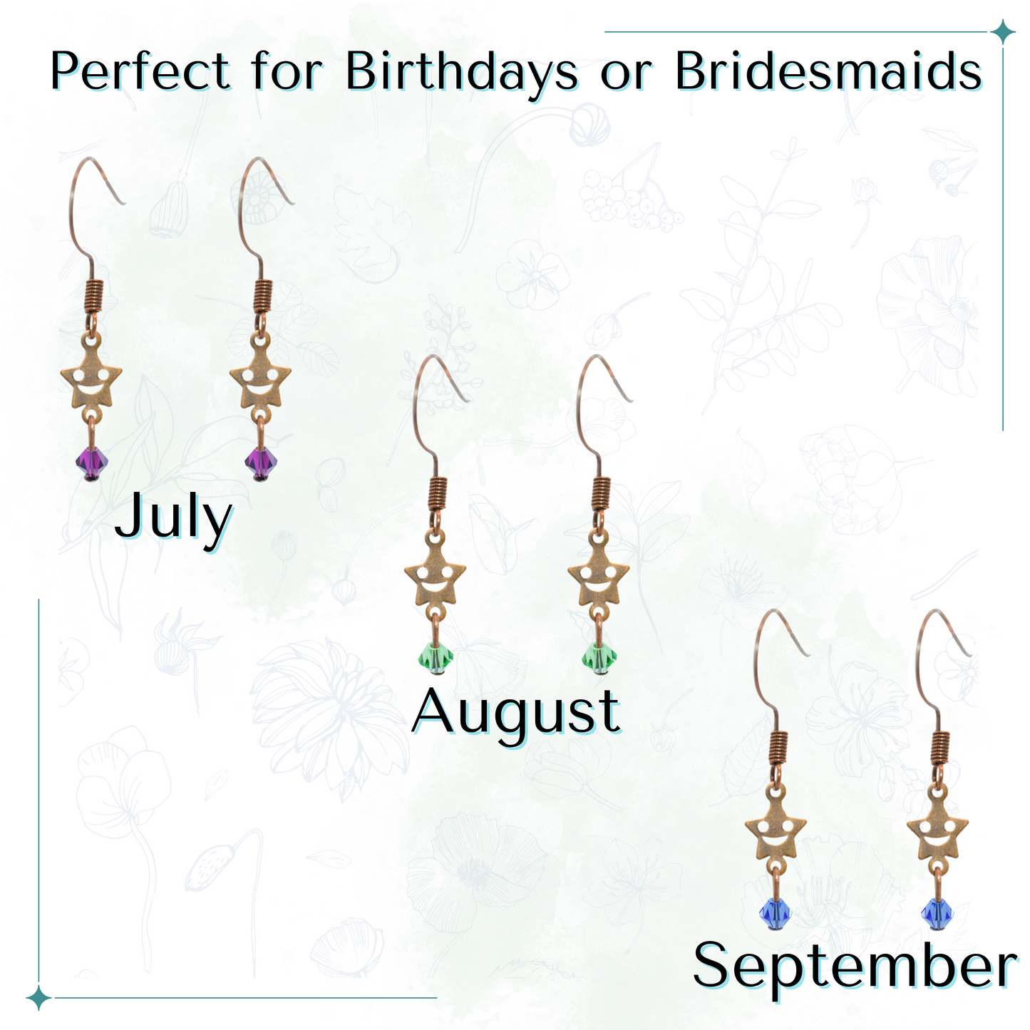 Star-shaped earrings with crystal beads labeled for July, August, and September on a white background.
