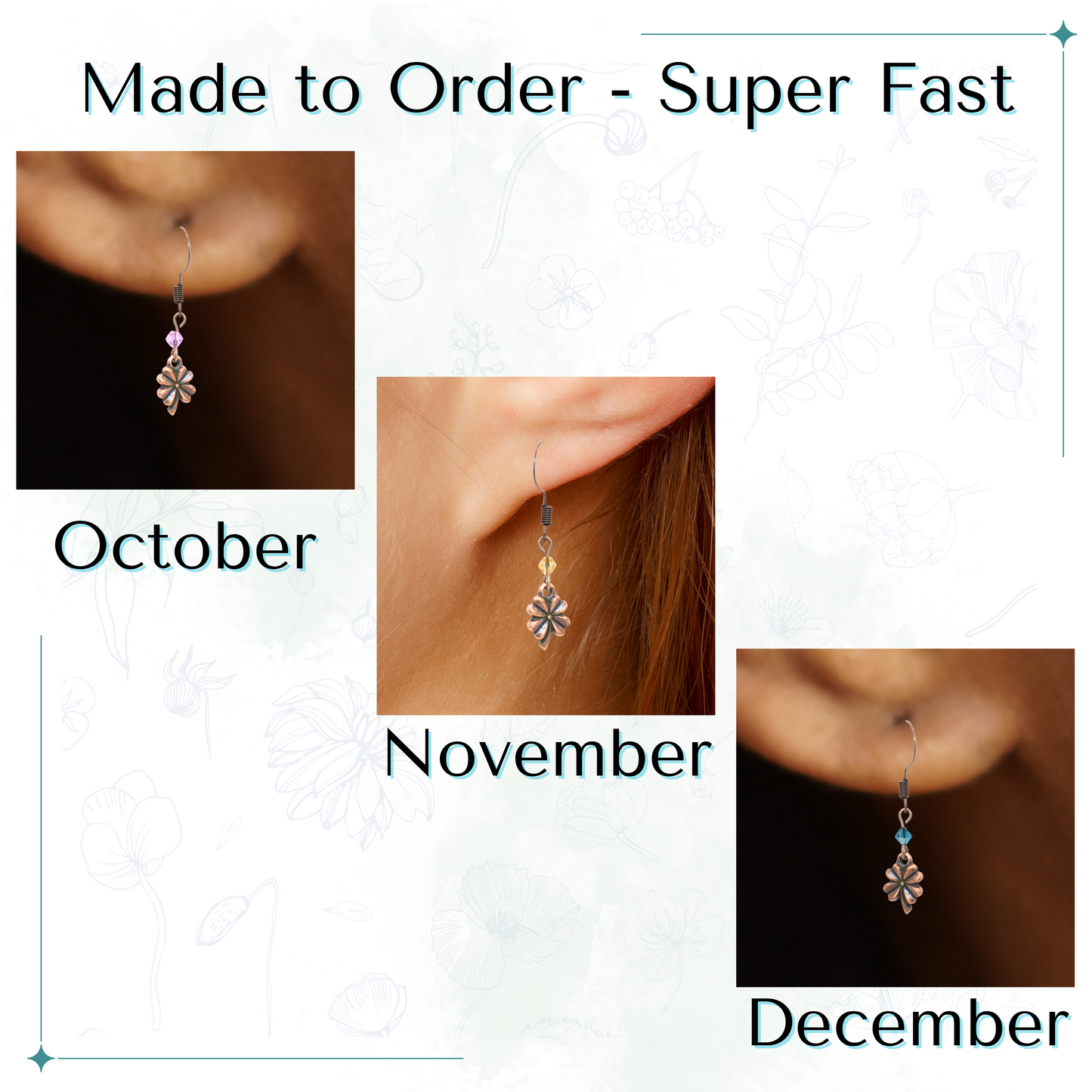 Custom birthstone earring worn on an ear with text 'Custom Birthstone Antique Copper Crystal Four Leaf Clover Earrings Made to Order'.