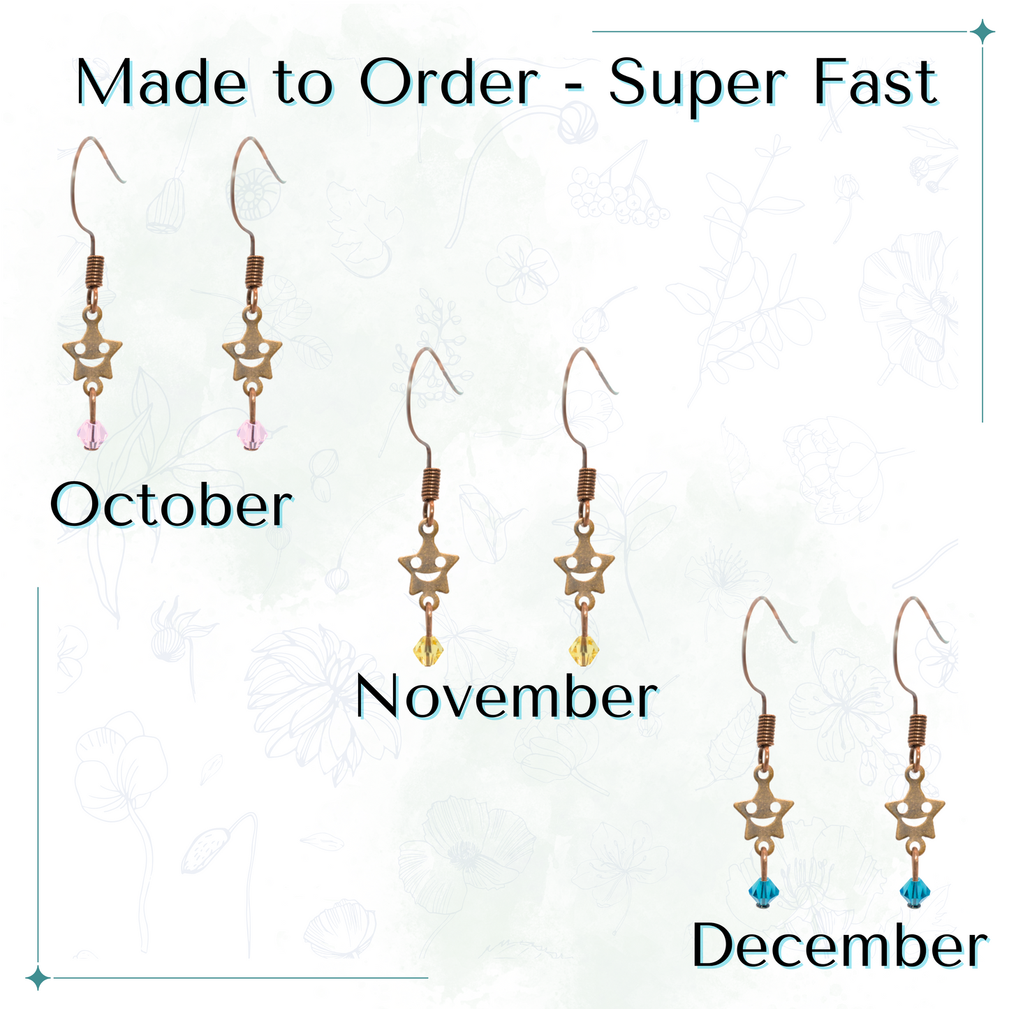 Star-shaped earrings with crystal beads labeled for October, November, and December on a white background.