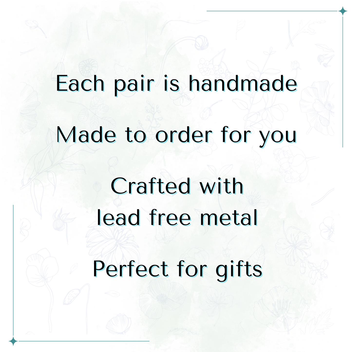 Text on a white background indicating that each item is handmade, made to order, crafted with lead-free metal, and perfect for gifts.