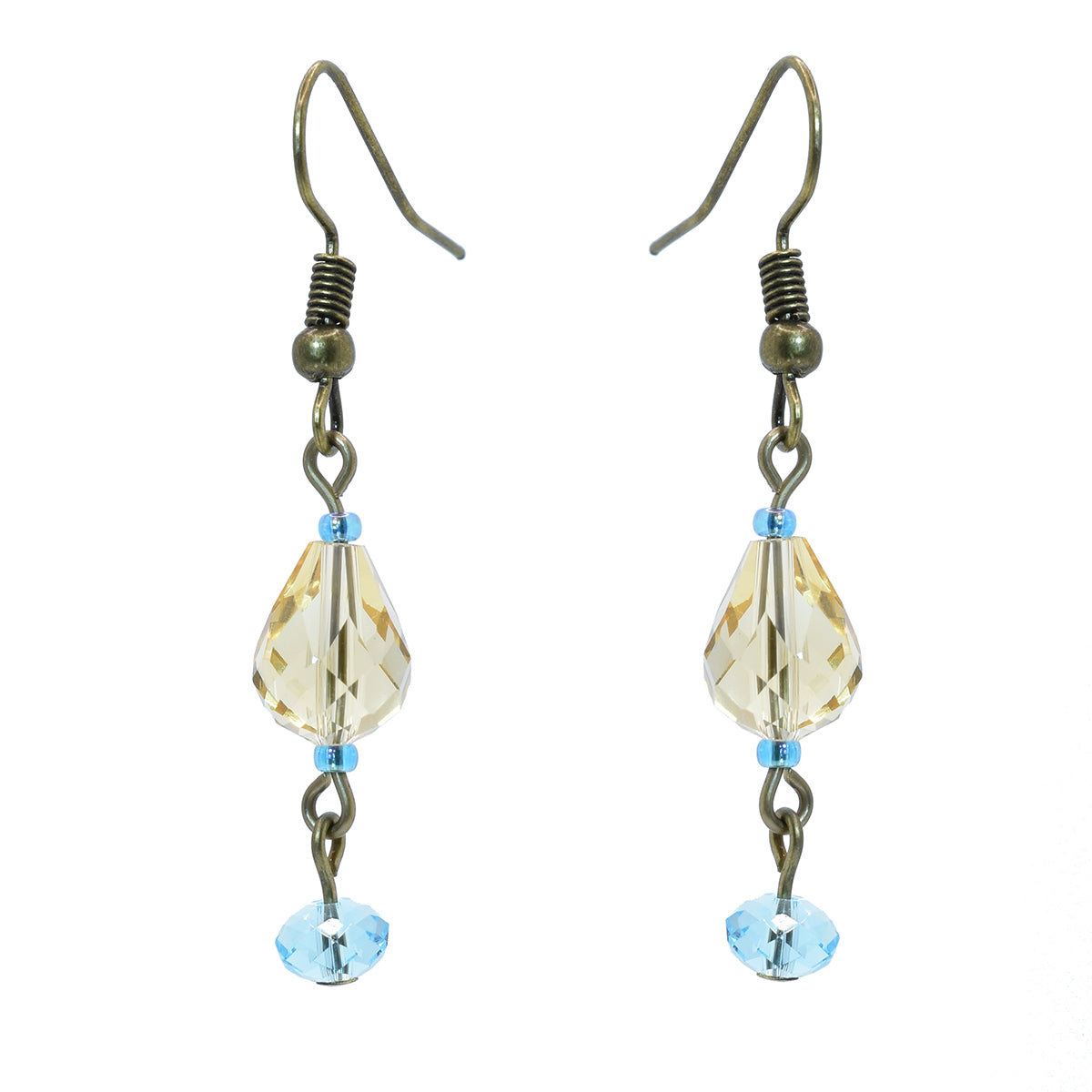 Austrian Crystal Earrings - golden champagne - baby blue antique bronze