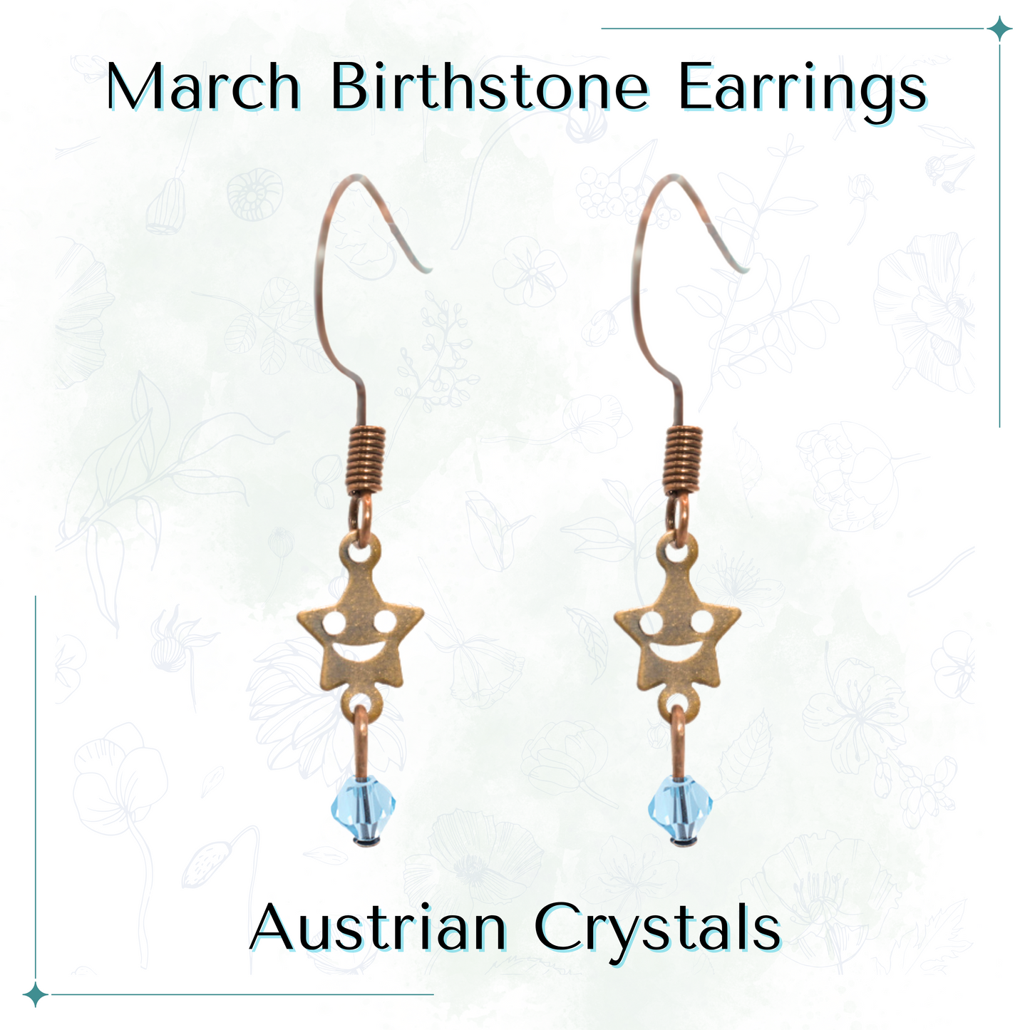 Star-shaped earrings with blue Austrian crystals on a white background, labeled 'March Birthstone Earrings'.