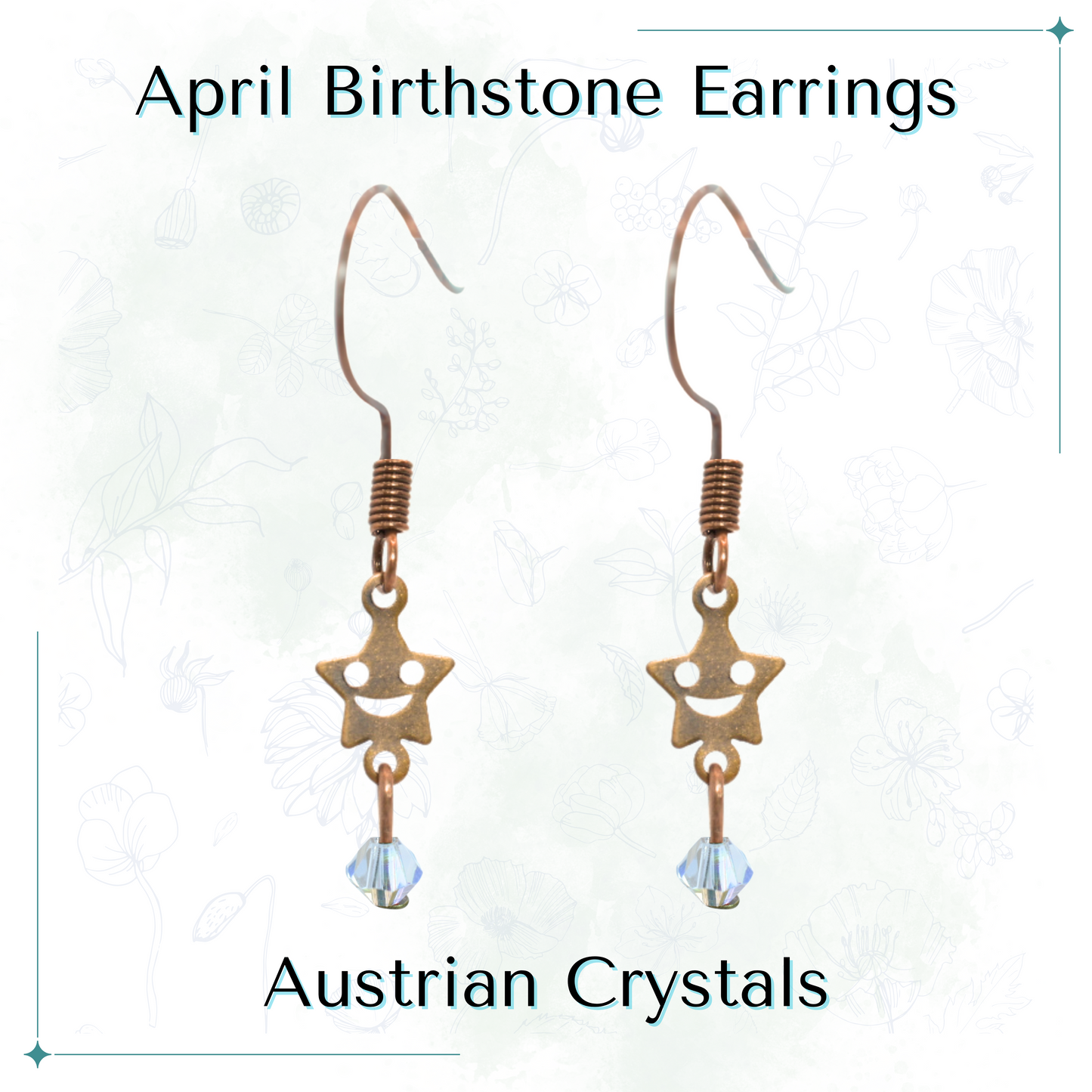 Star-shaped earrings with Austrian crystals on a white background, labeled 'April Birthstone Earrings'.