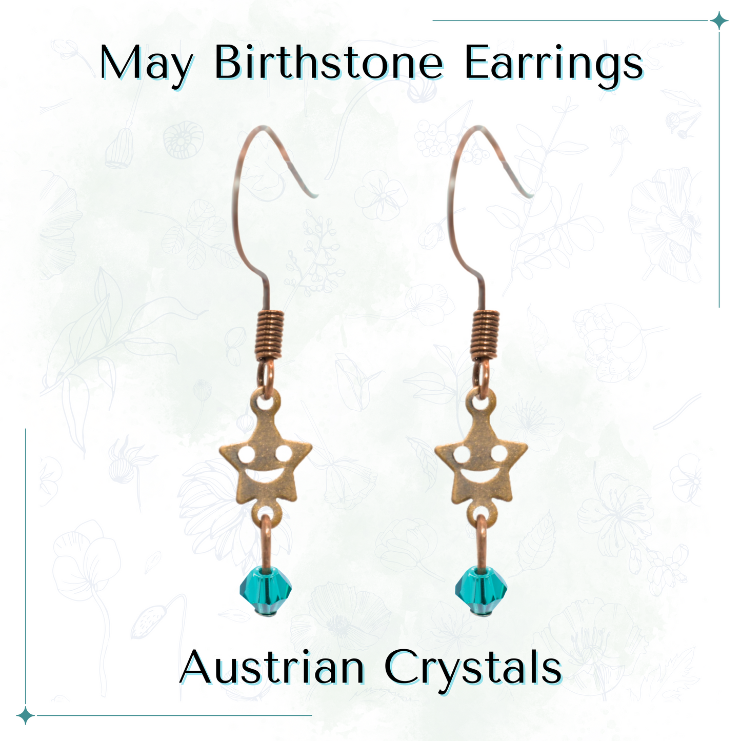 Star-shaped earrings with green crystals on a white background, labeled 'May Birthstone Earrings' and 'Austrian Crystals'.