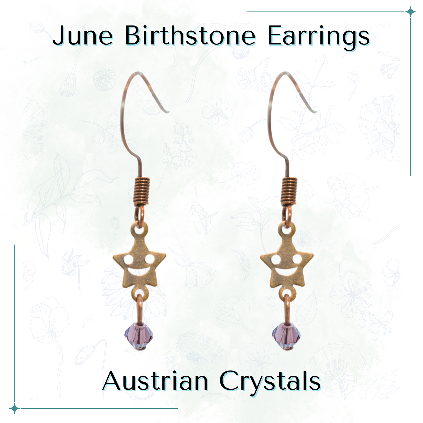Star-shaped earrings with purple Austrian crystals on a white background, labeled 'June Birthstone Earrings'.