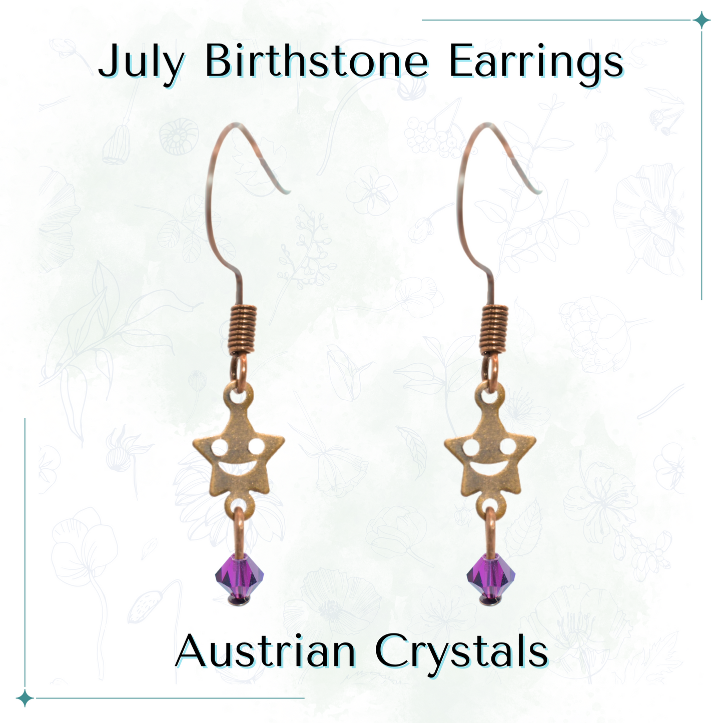 Antique copper star-shaped earrings with purple Austrian crystals on a white background, labeled 'July Birthstone Earrings'.