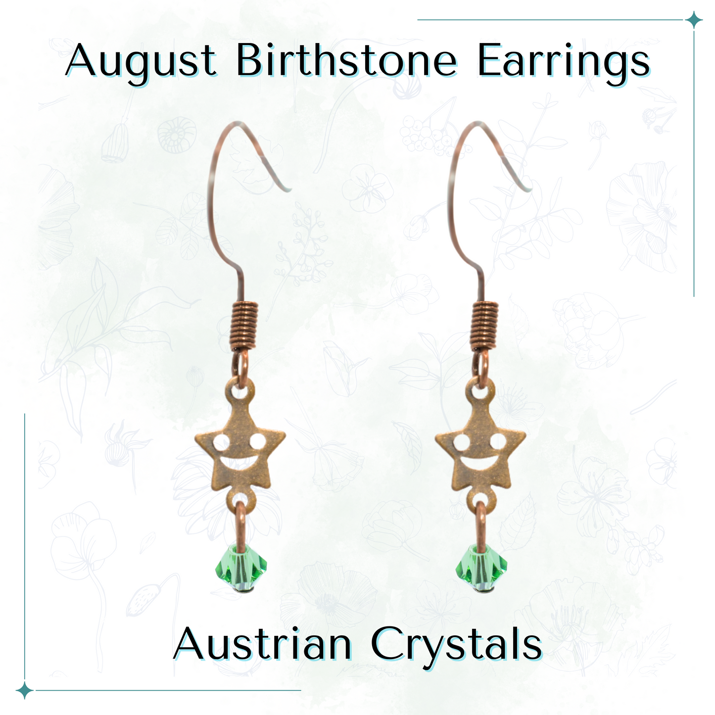 Star-shaped earrings with green Austrian crystals on a white background, labeled 'August Birthstone Earrings'.