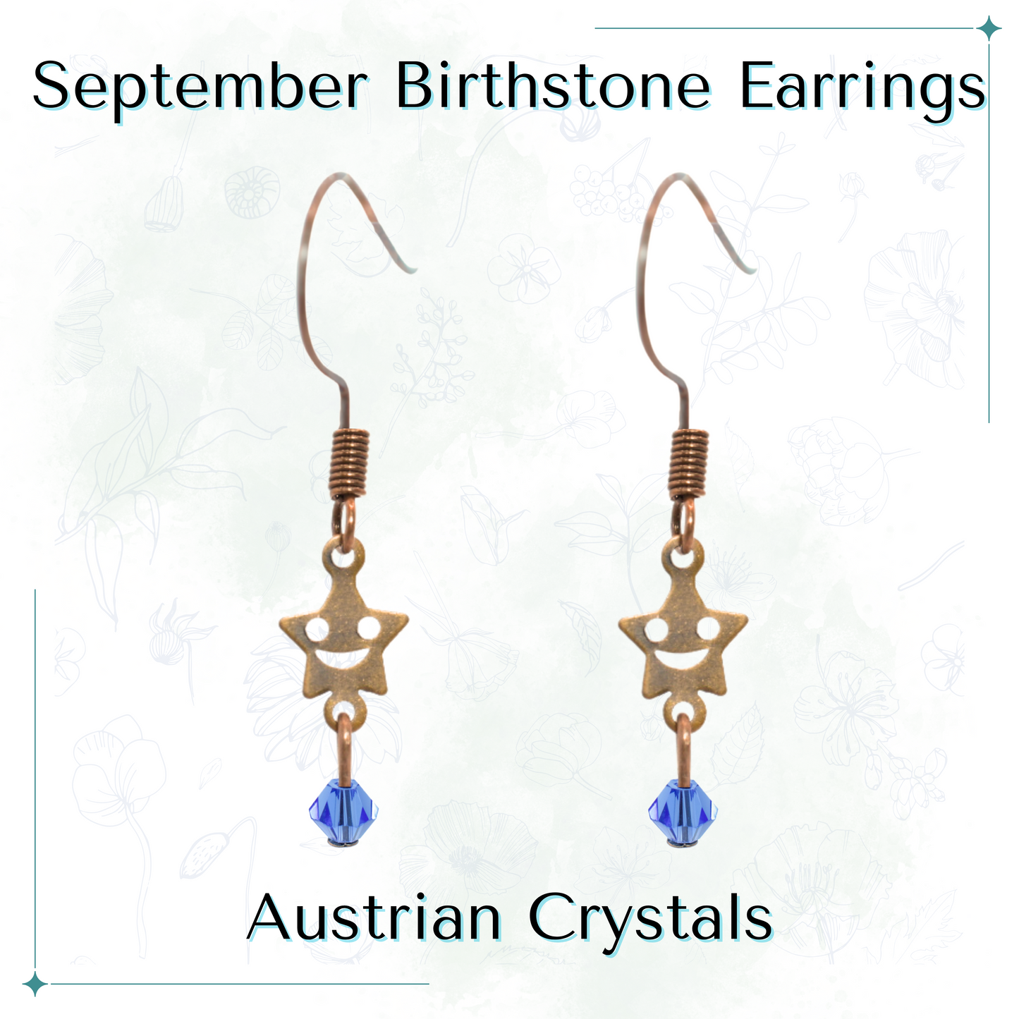 Star-shaped earrings with blue Austrian crystals on a white background, labeled 'September Birthstone Earrings'.