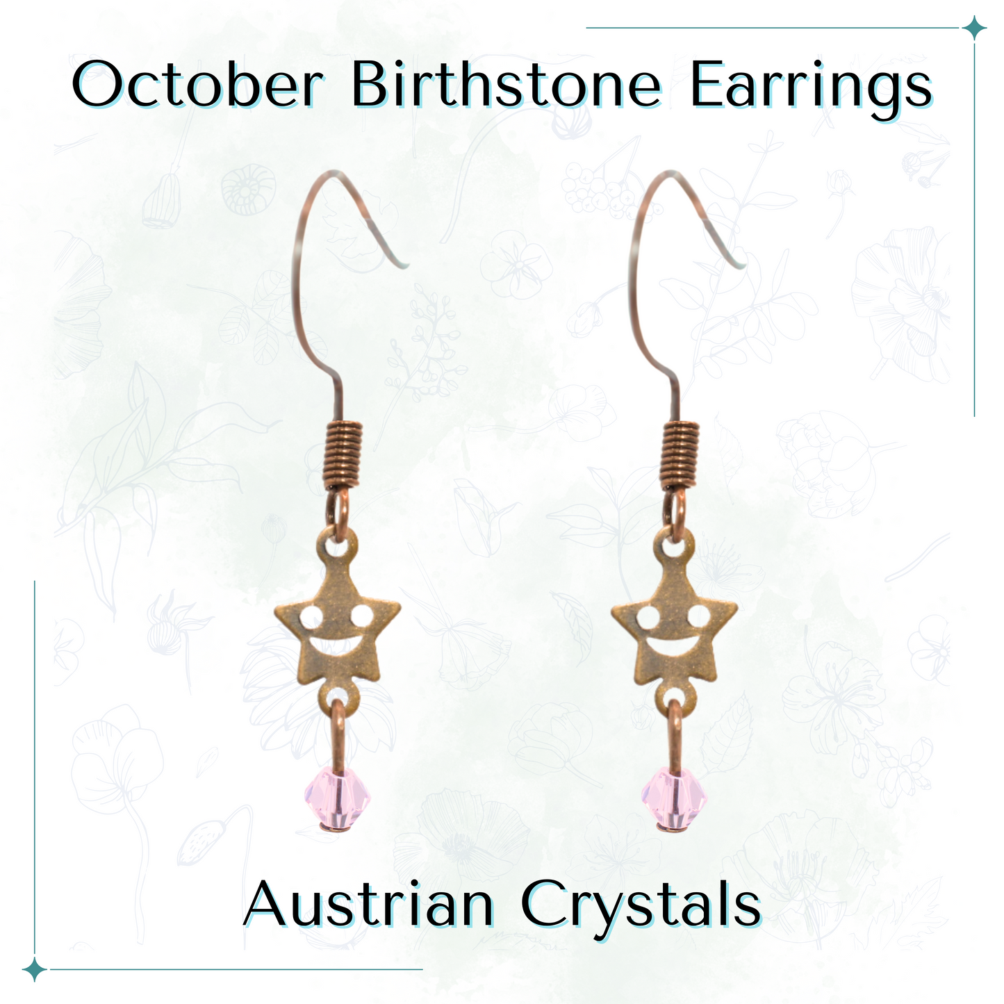 Star-shaped earrings with pink Austrian crystals on a white background, labeled 'October Birthstone Earrings'.