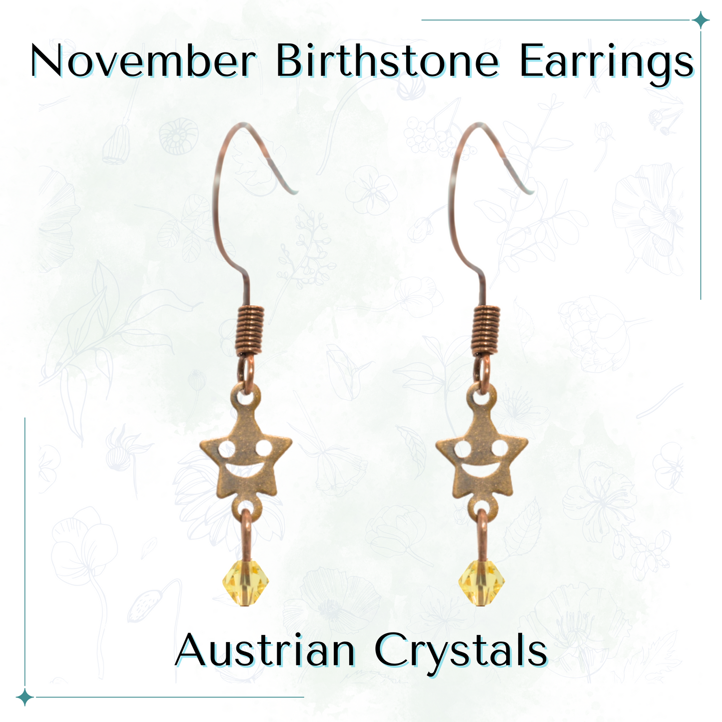 Star-shaped earrings with topaz beads labeled 'November Birthstone Earrings' and 'Austrian Crystals' on a white background.