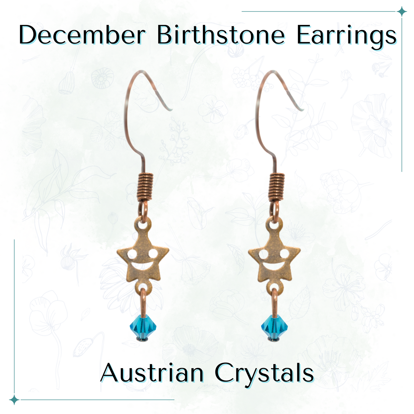 Star-shaped earrings with teal Austrian crystals on a white background, labeled 'December Birthstone Earrings'.