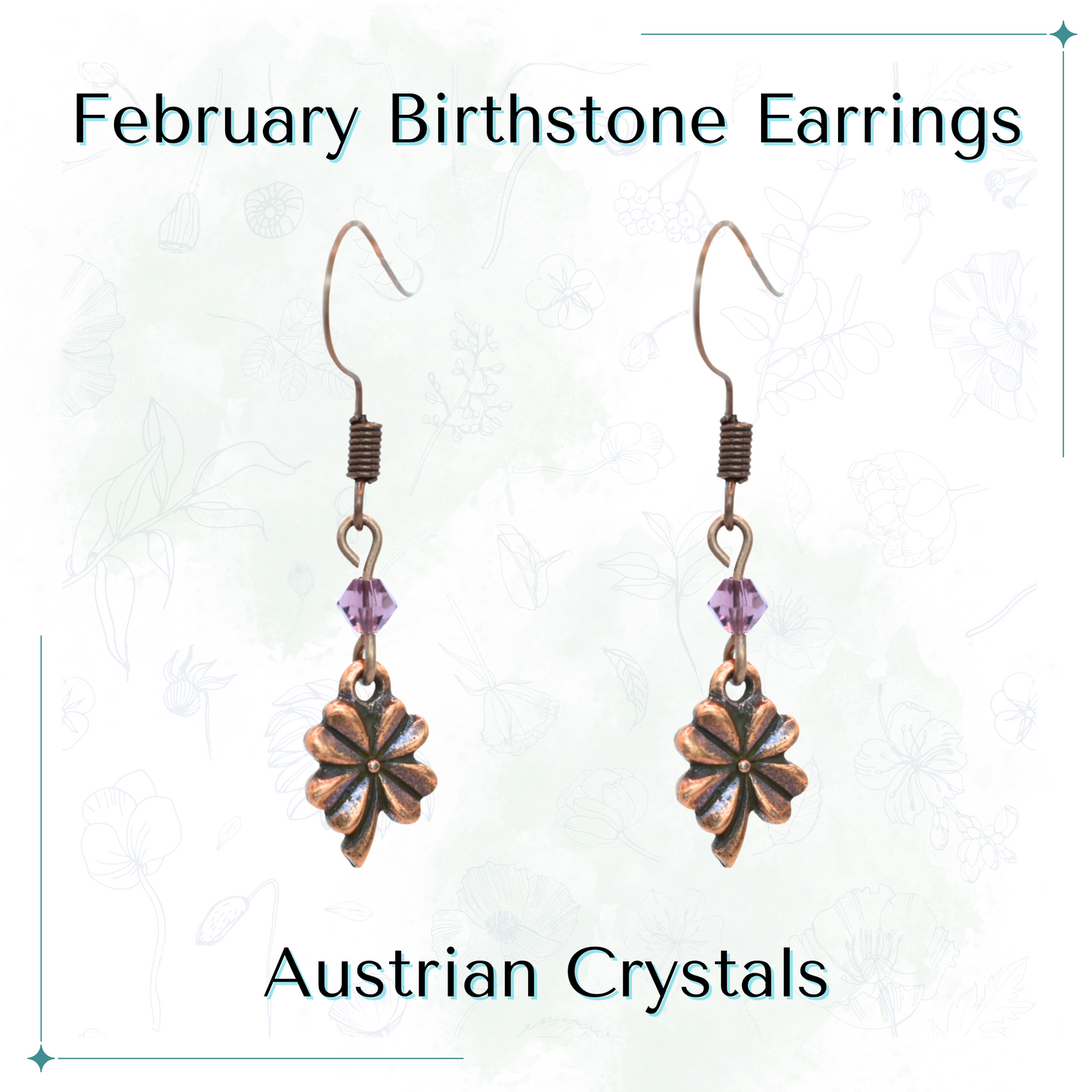 Antique copper earrings with purple Austrian crystals and a Four Leaf Clover charm on a white background, labeled 'February Birthstone Earrings'.