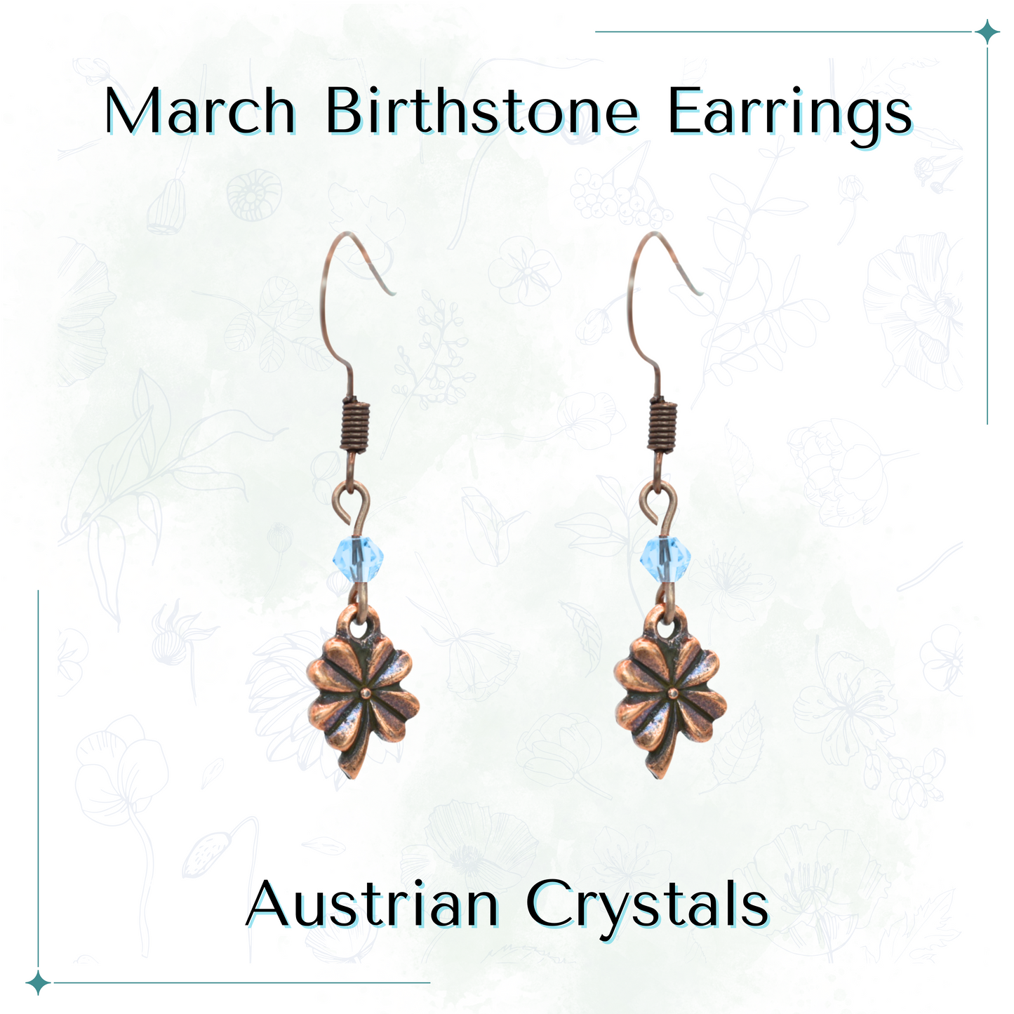 Pair of antique copper four leaf clover earrings with blue Austrian crystals on a white background, labeled 'March Birthstone Earrings'.