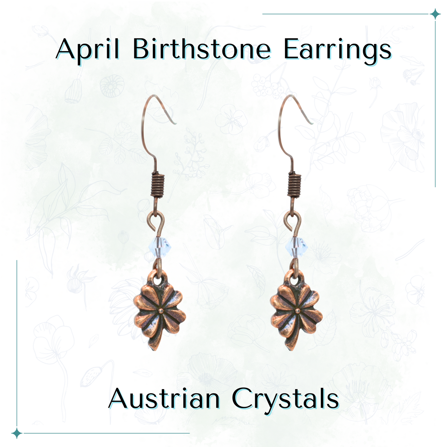 Pair of antique copper four leaf clover earrings with clear Austrian crystals on a white background, labeled 'April Birthstone Earrings'.