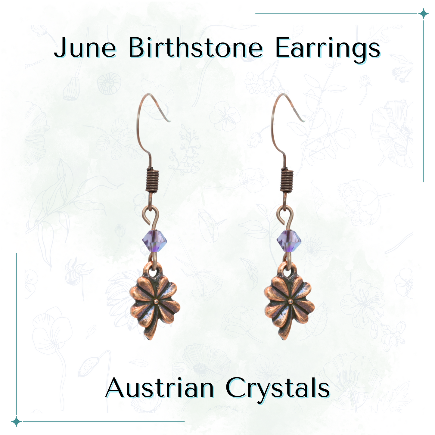 Pair of earrings with purple Austrian crystals and Four Leaf Clover charm on a white background, labeled 'June Birthstone Earrings'.