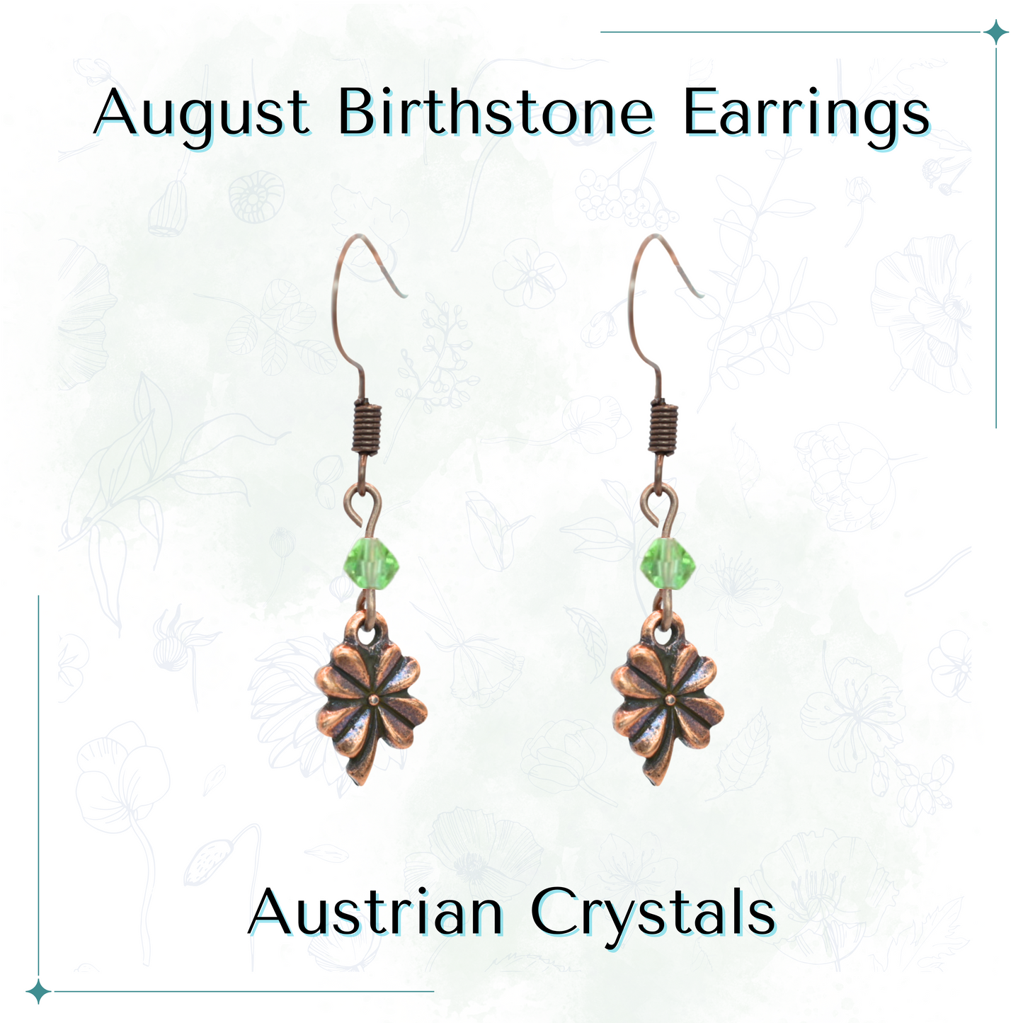 Pair of antique copper four leaf clover earrings with green Austrian crystals on a white background, labeled 'August Birthstone Earrings'.