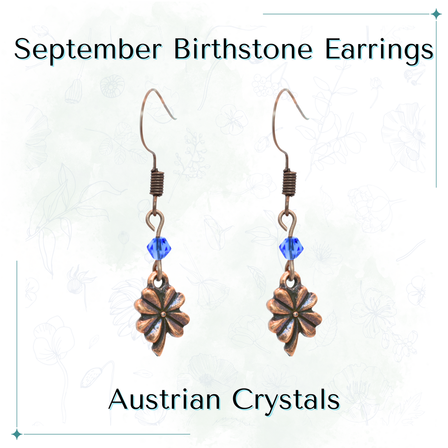 Pair of antique copper four leaf clover earrings with blue Austrian crystals on a white background, labeled 'September Birthstone Earrings'.