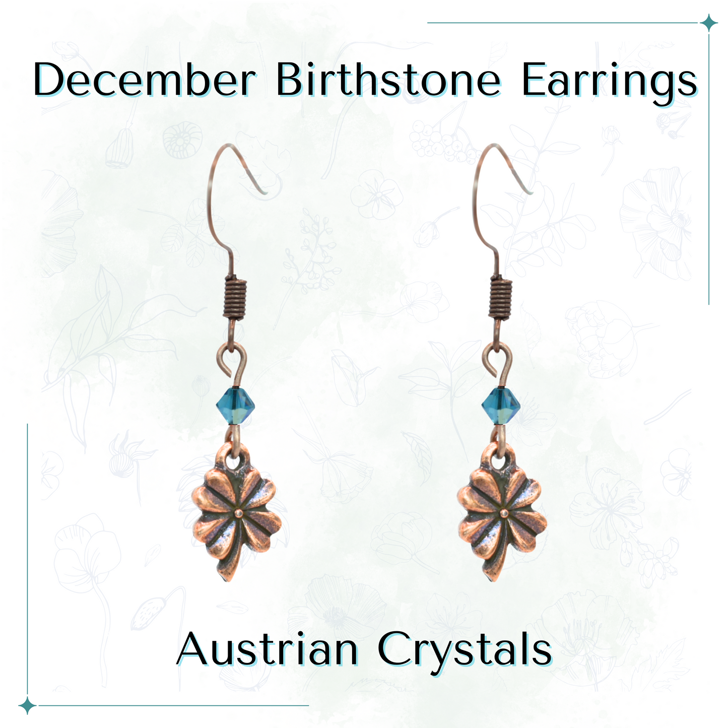 Pair of antique copper four leaf clover earrings with teal Austrian crystals on a white background, labeled 'December Birthstone Earrings'.