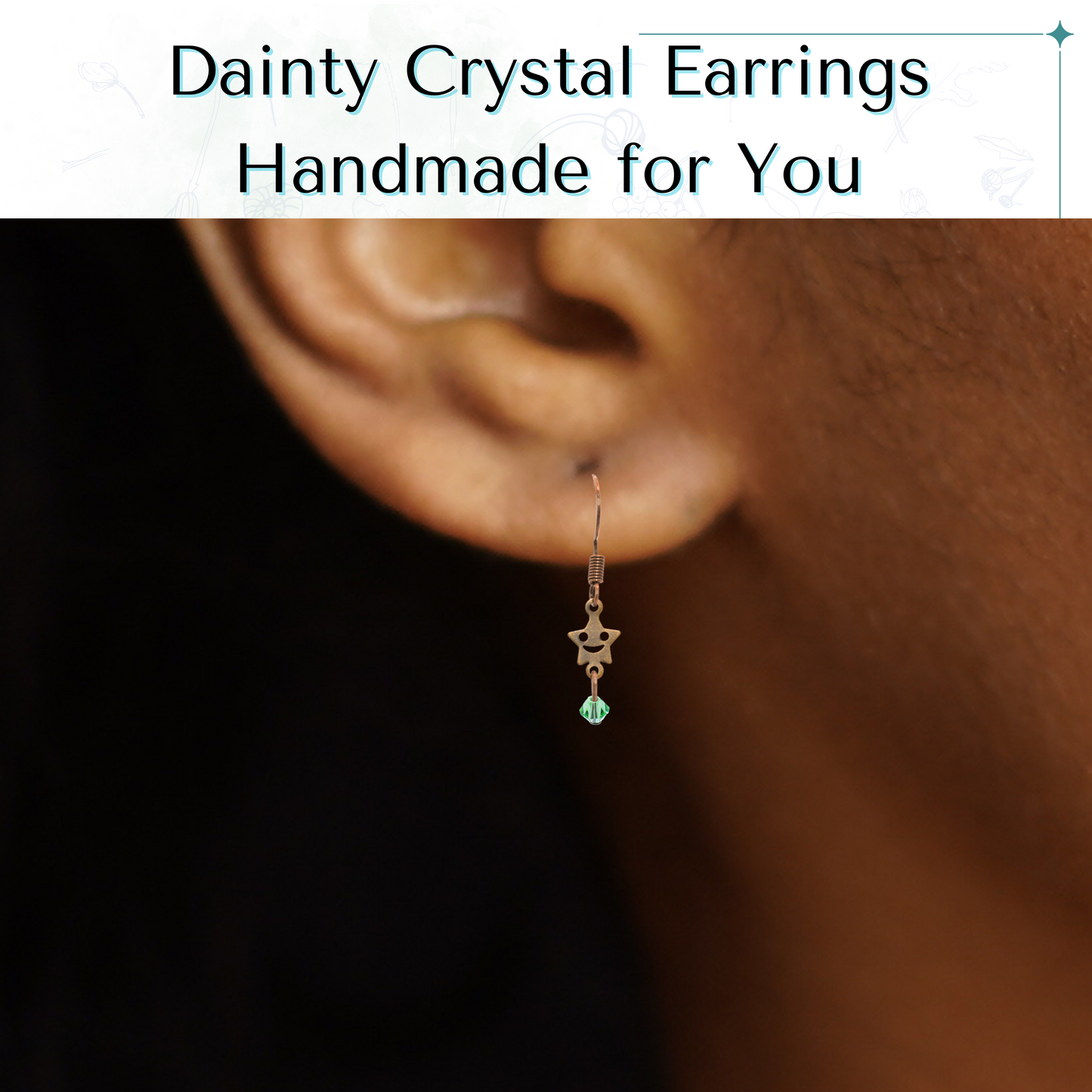 Boho crystal earring worn on an ear with text 'Dainty Crystal Earrings Handmade for You'.