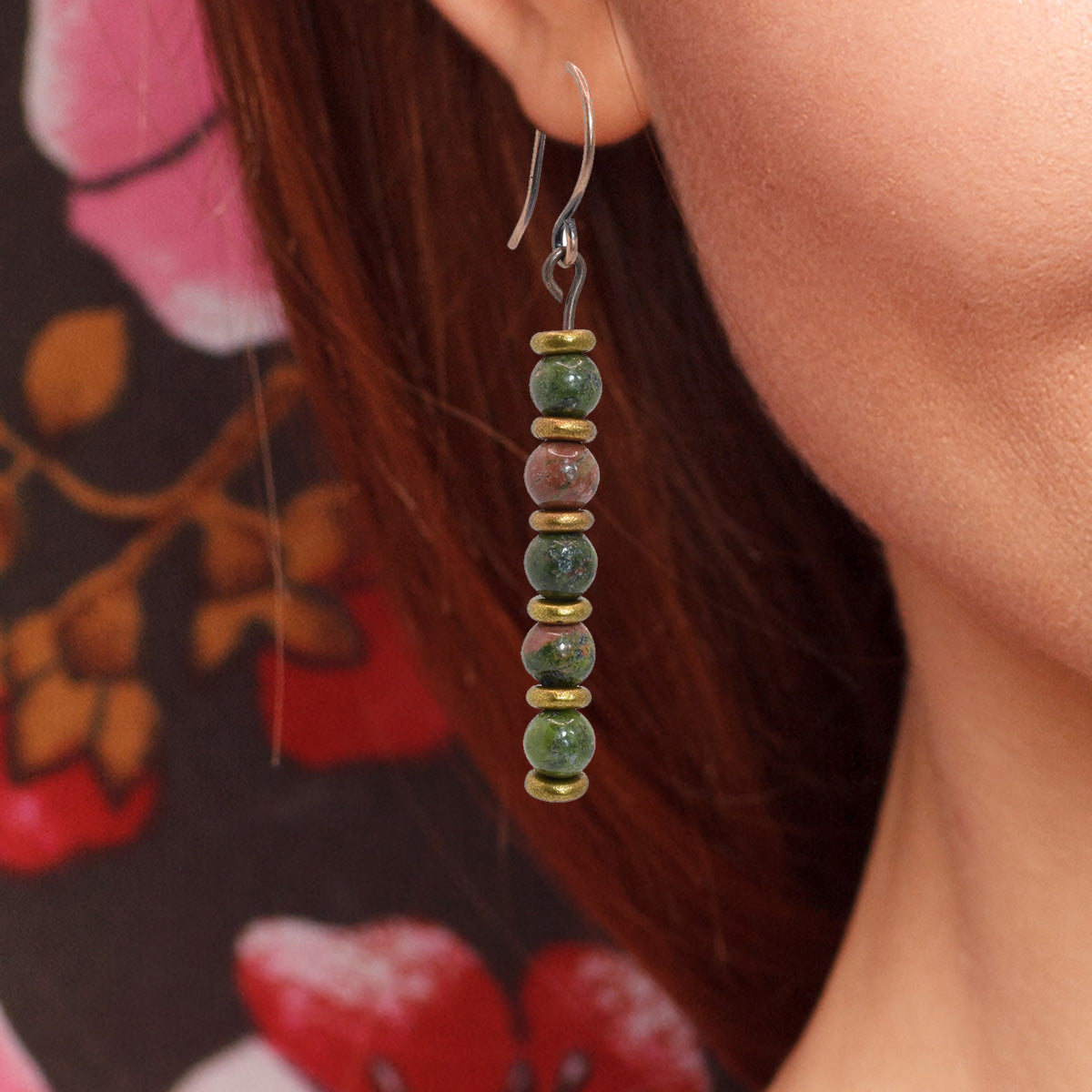 Antique copper earrings with unakite gems