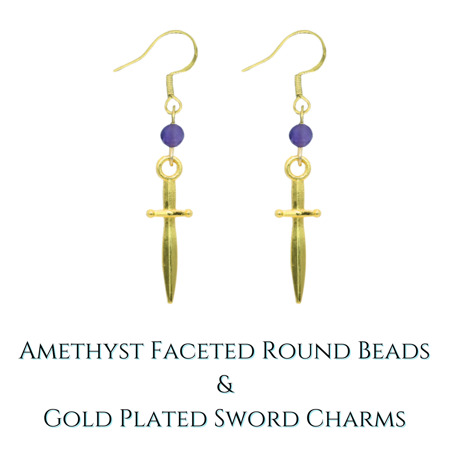 Gold-plated sword-shaped earrings with amethyst beads on a white background