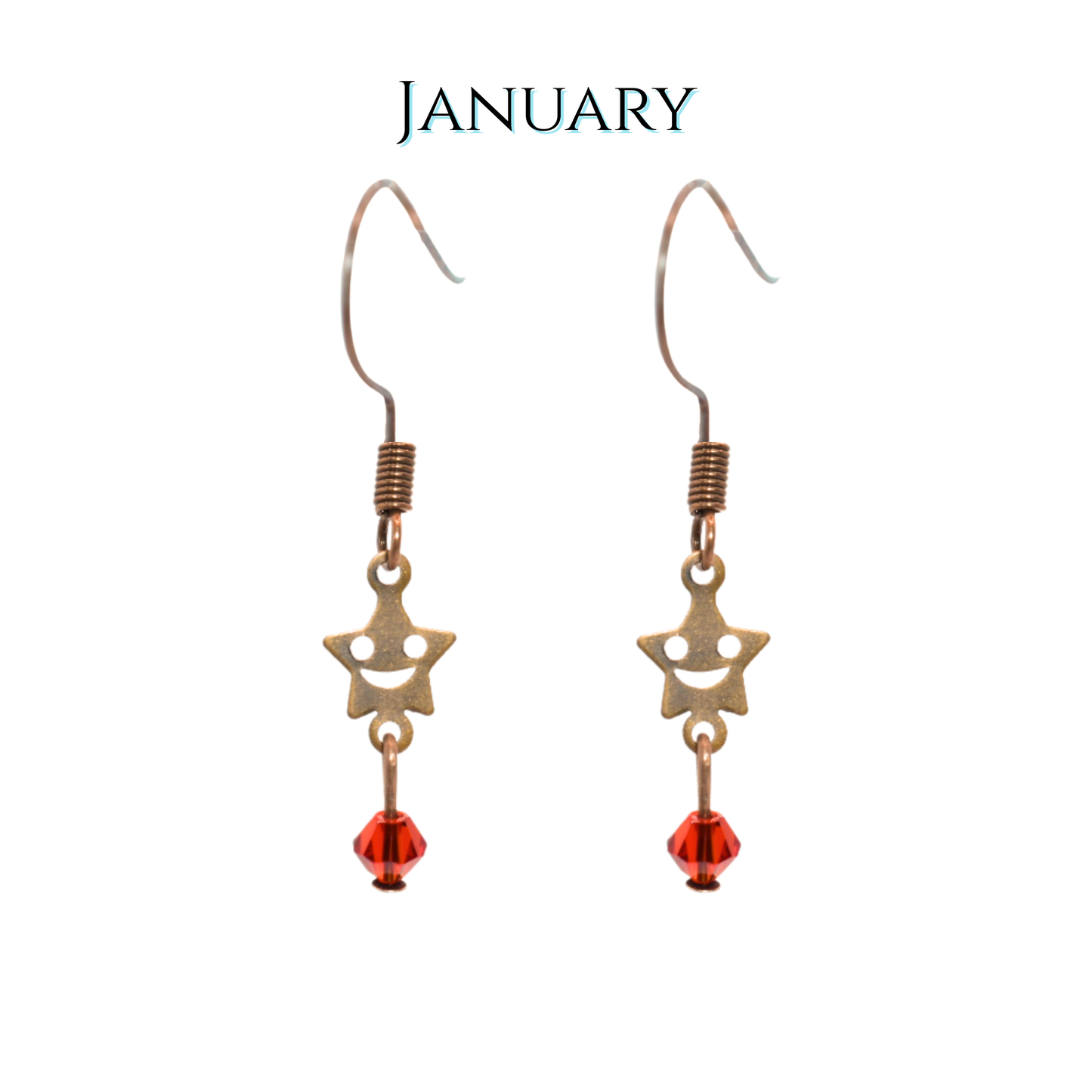 Star-shaped earrings with red beads on a white background, labeled 'January'.