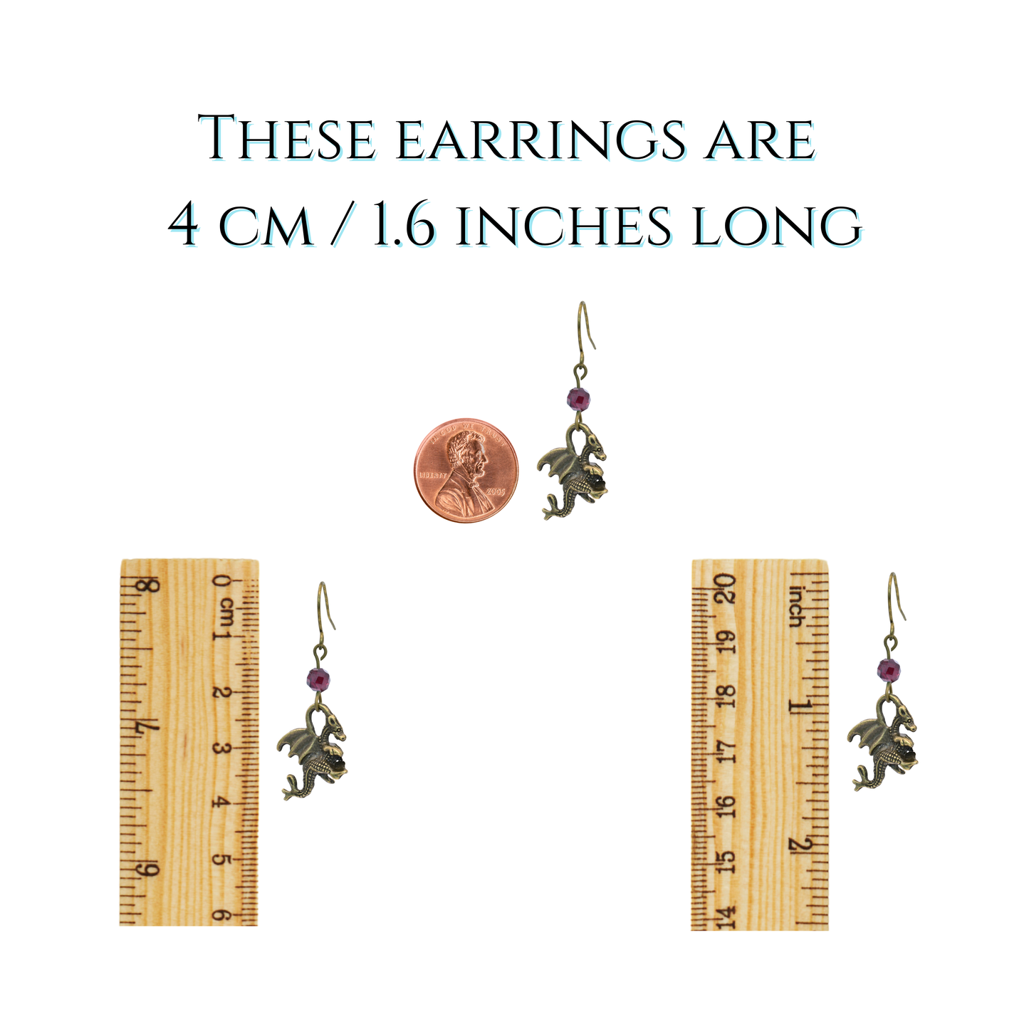 Pair of earrings with a penny and two rulers for size comparison on a white background