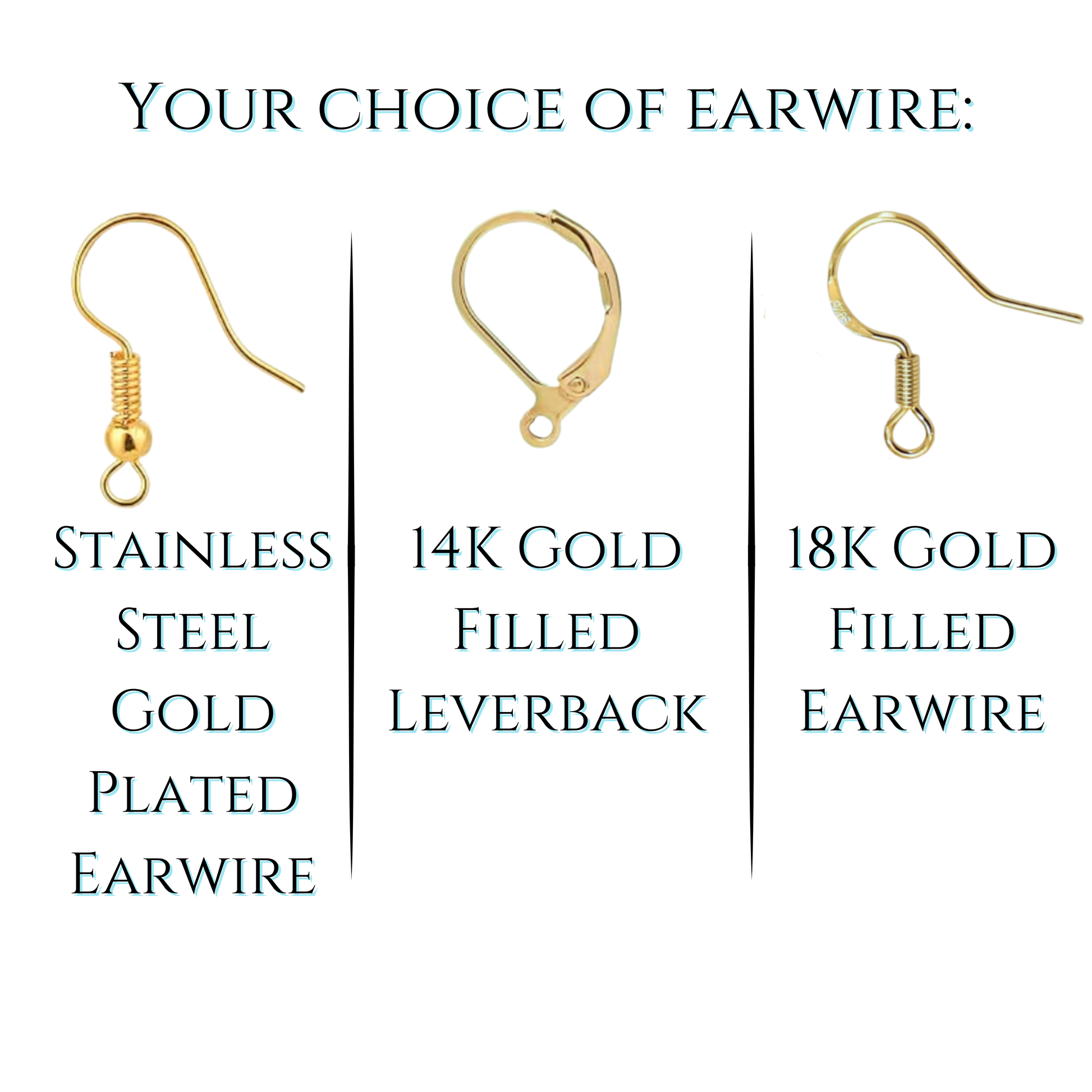Three types of gold earwires with labels on a white background